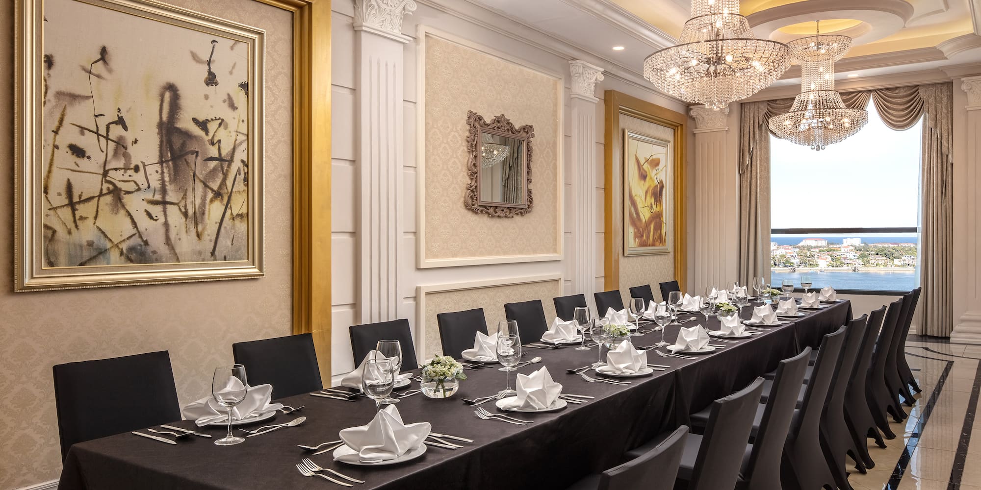 a long table set for a dinner party