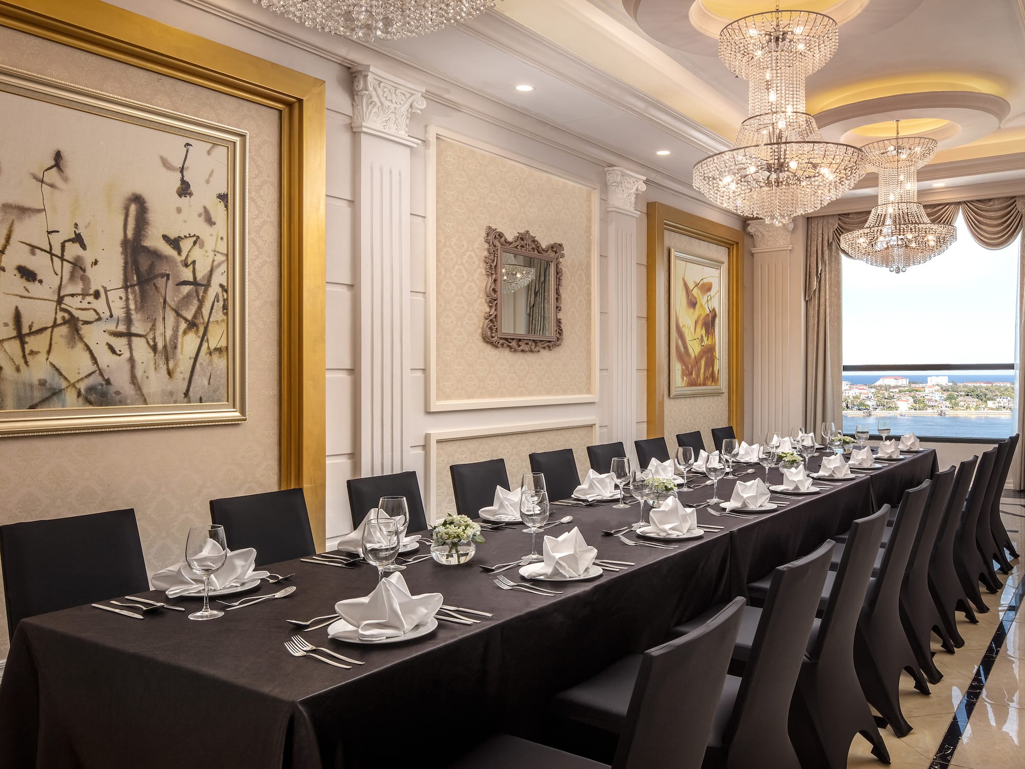 a long table set for a dinner party