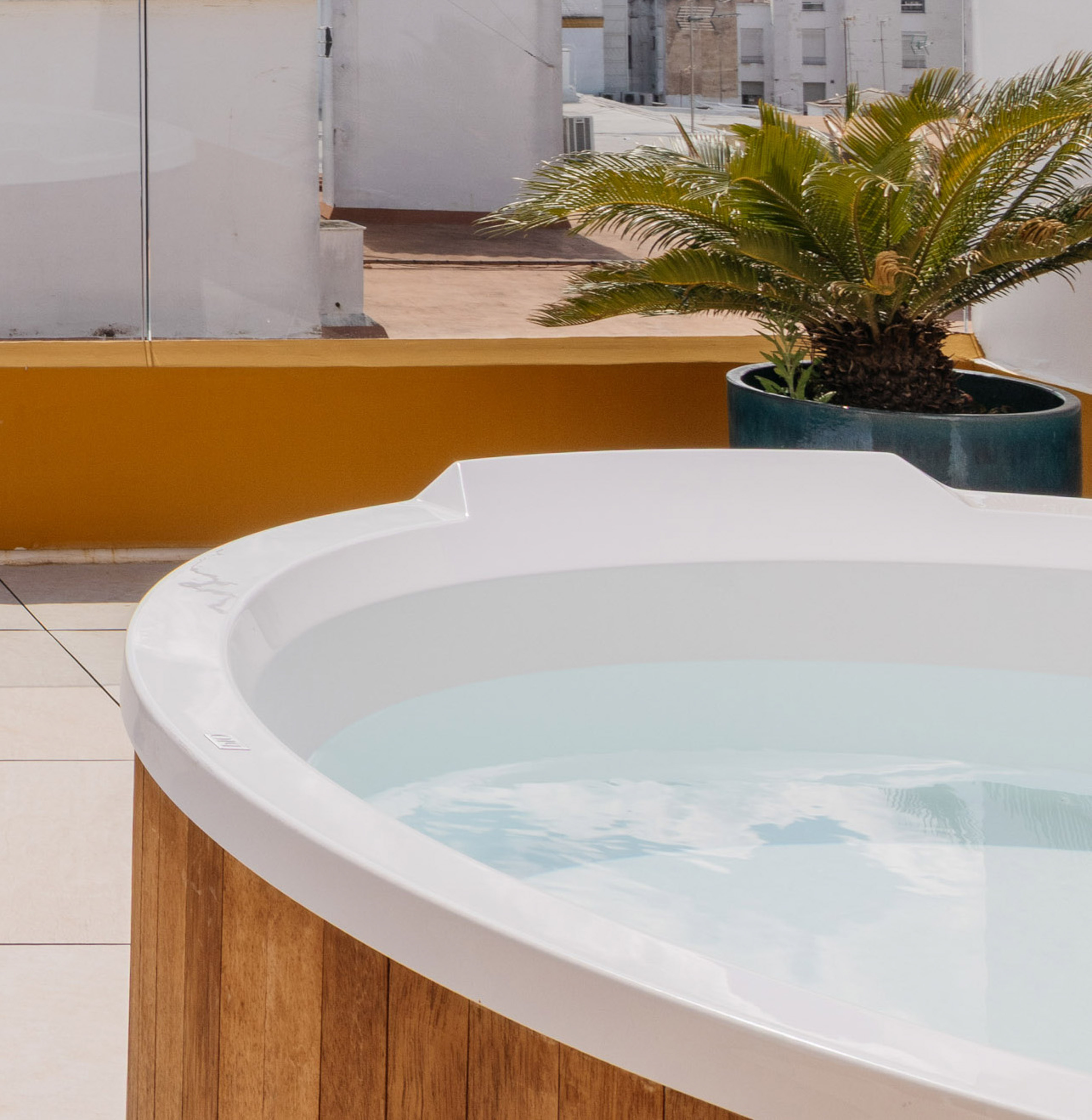 Rooftop spa jacuzzi with wooden base and palm tree.