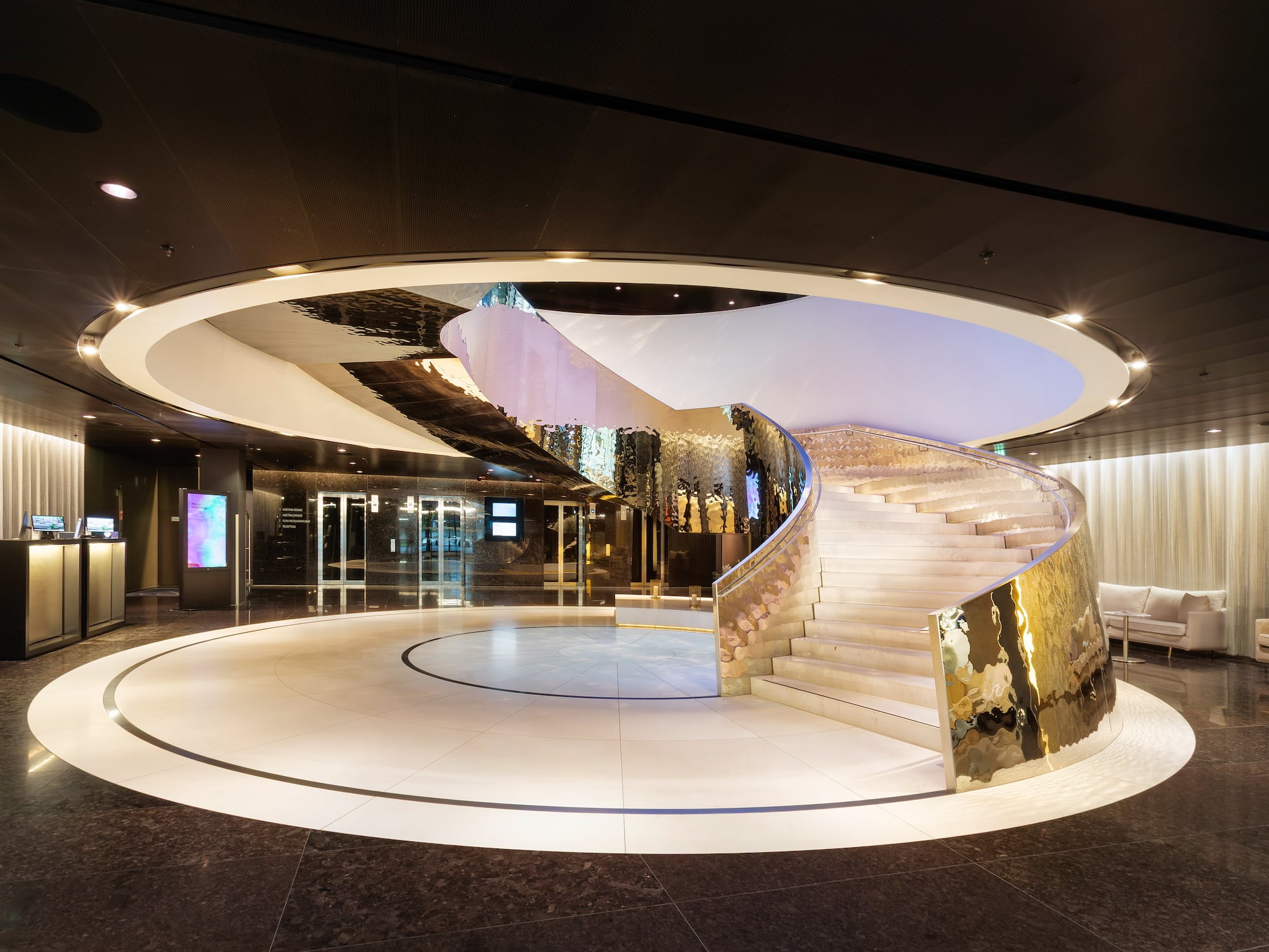 a spiral staircase in a building