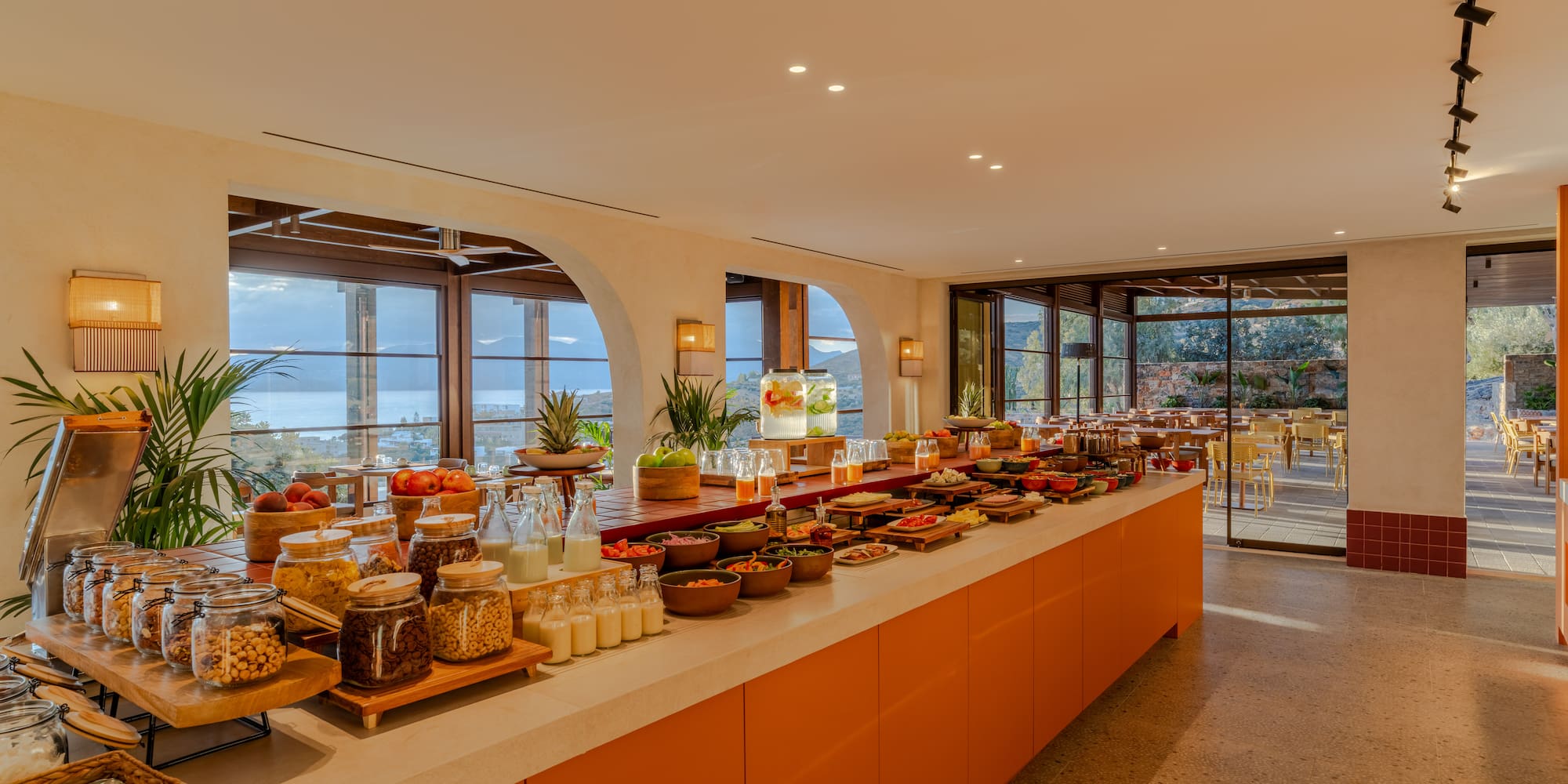 a buffet with food on it