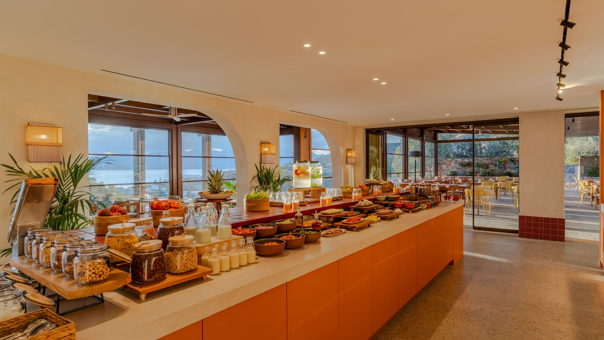 a buffet with food on it