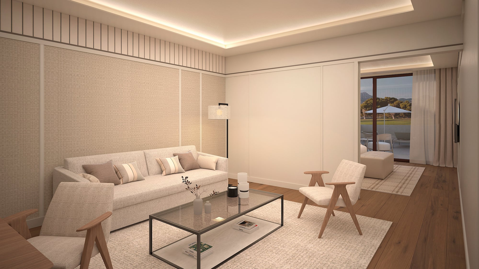 Salon moderne et lumineux avec canapé beige, table basse en verre et fauteuils en bois. - Suite - Hotel Golf Santa Ponsa Meliá Collection, Majorque