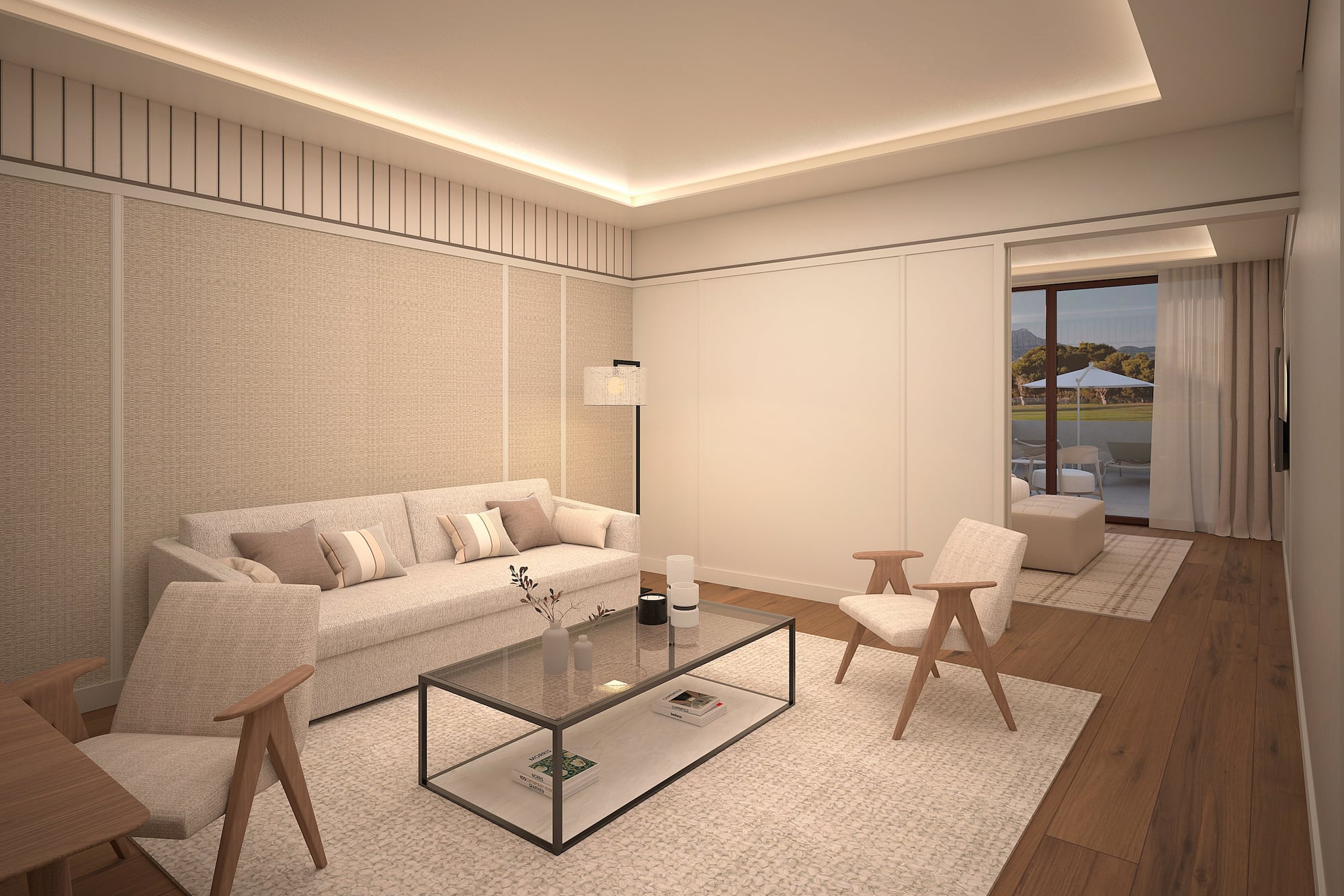 Salón moderno y luminoso en tonos beige con sofá, sillones y mesa de centro. - Suite son Solárium Panorámica - Hotel Golf Santa Ponsa Meliá Collection, Mallorca