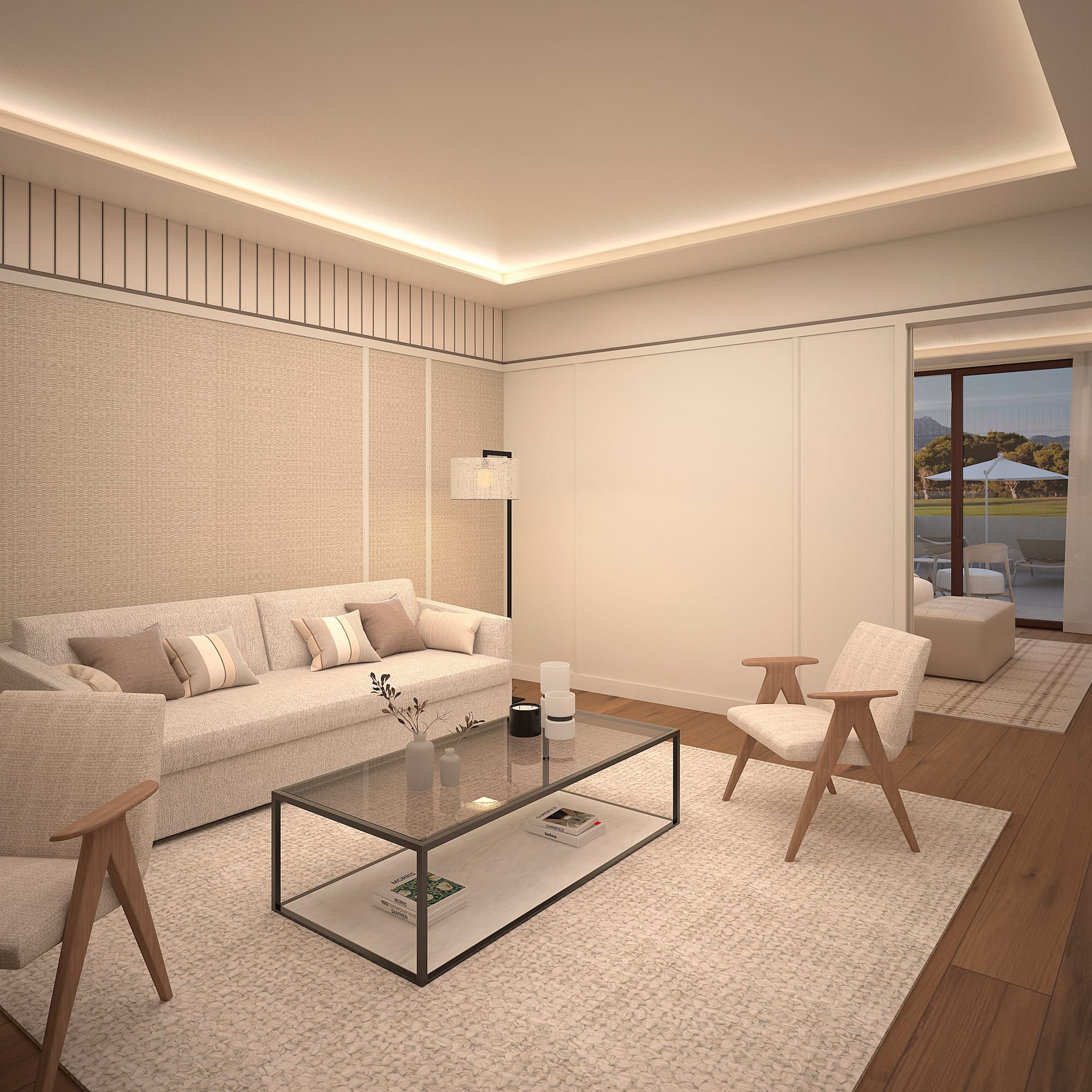 Modernes Wohnzimmer in warmen Beigetönen mit Sofa, Sesseln und Glastisch. - Suite - Hotel Golf Santa Ponsa Meliá Collection, Mallorca
