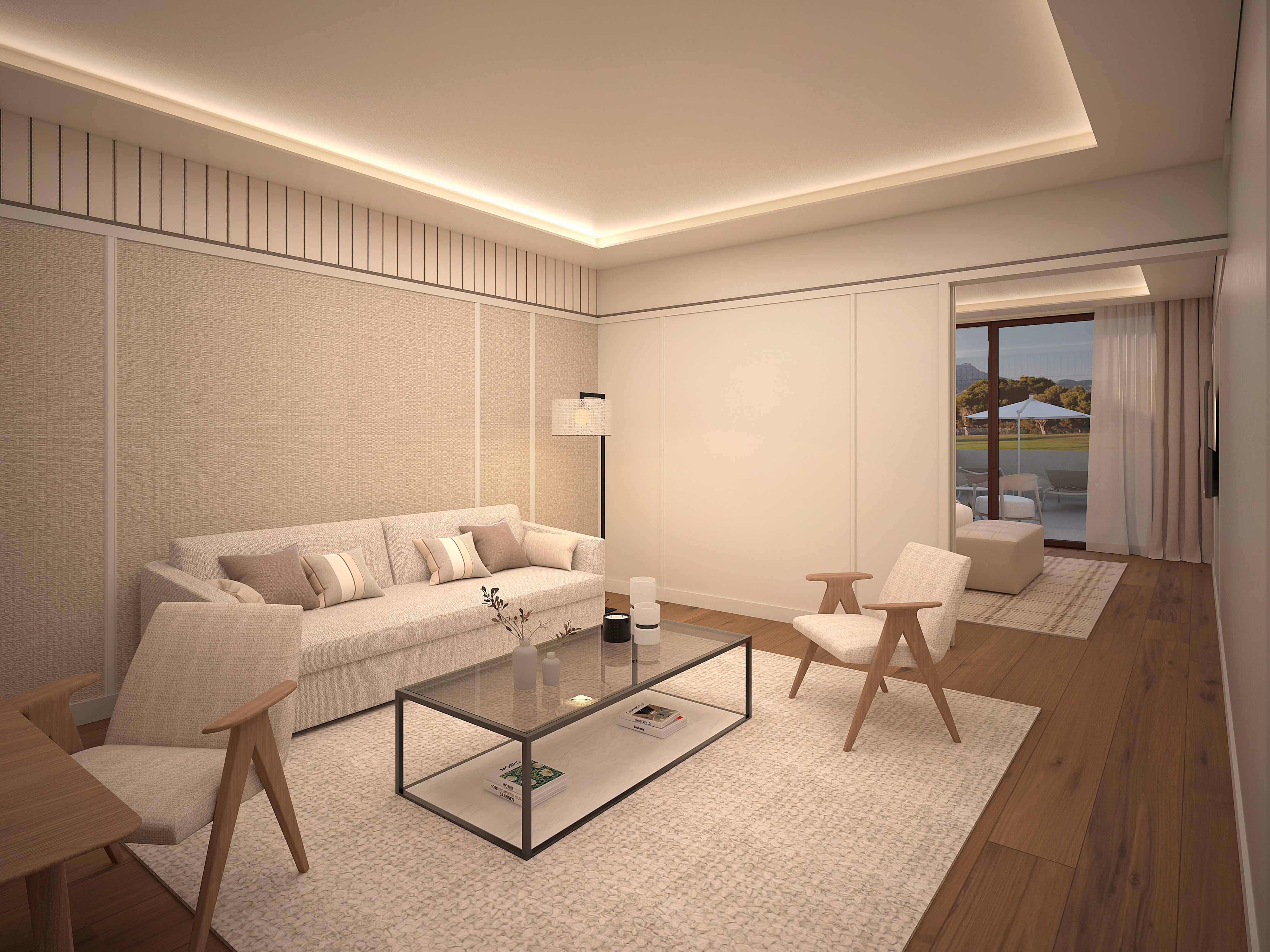 غرفة معيشة حديثة بألوان محايدة، كنبة بيضاء وطاولة زجاجية، تصميم داخلي أنيق. - Suite - Hotel Golf Santa Ponsa Meliá Collection, مايوركا