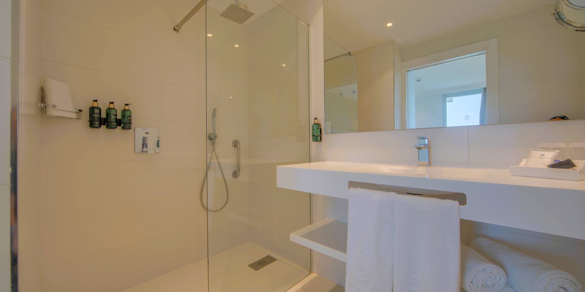 a bathroom with a shower and a sink
