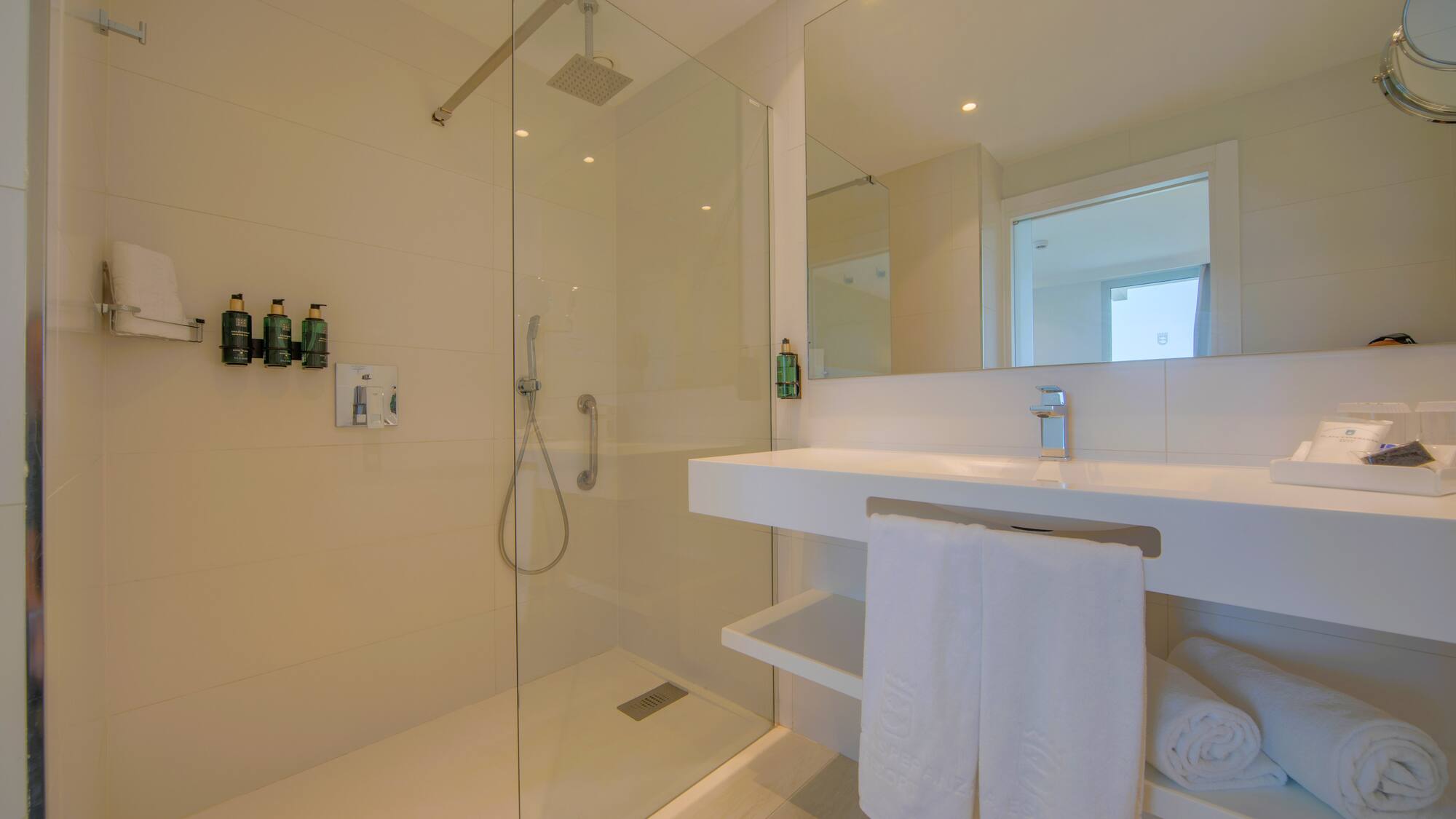 a bathroom with a shower and a sink