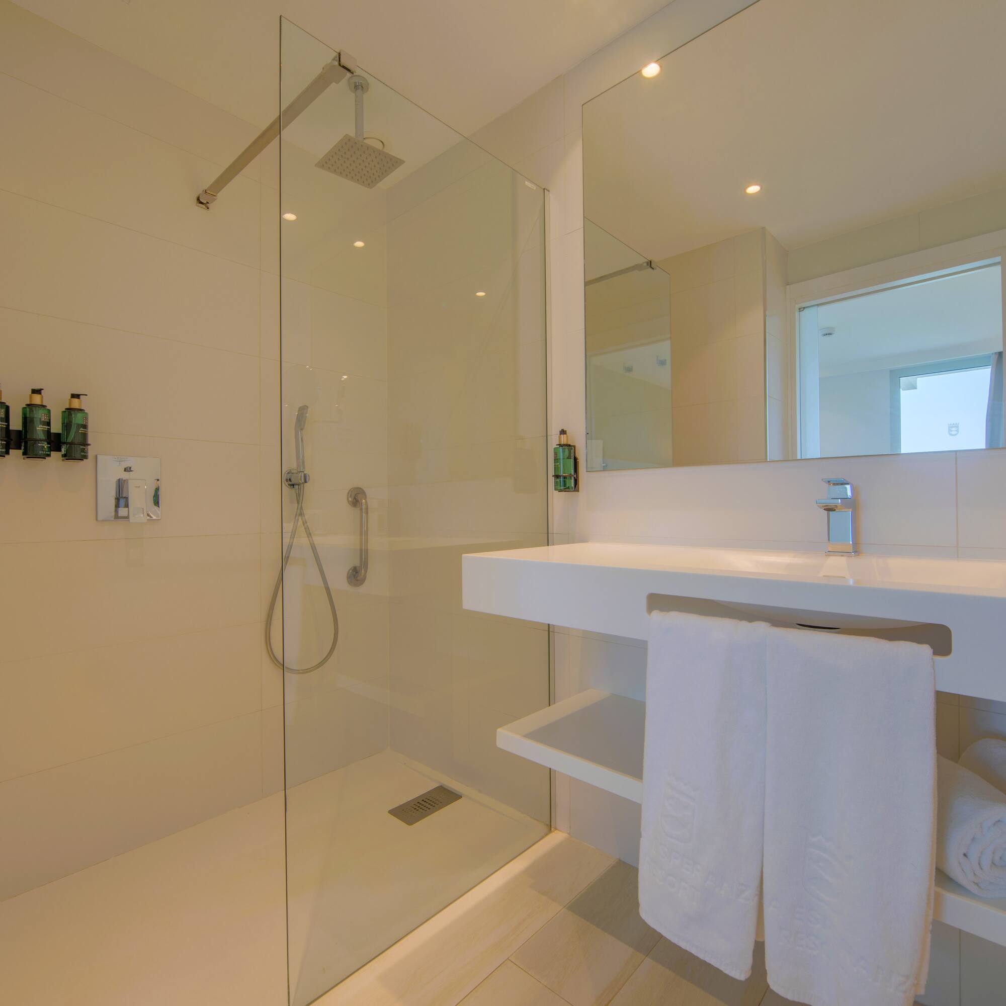 a bathroom with a shower and a sink