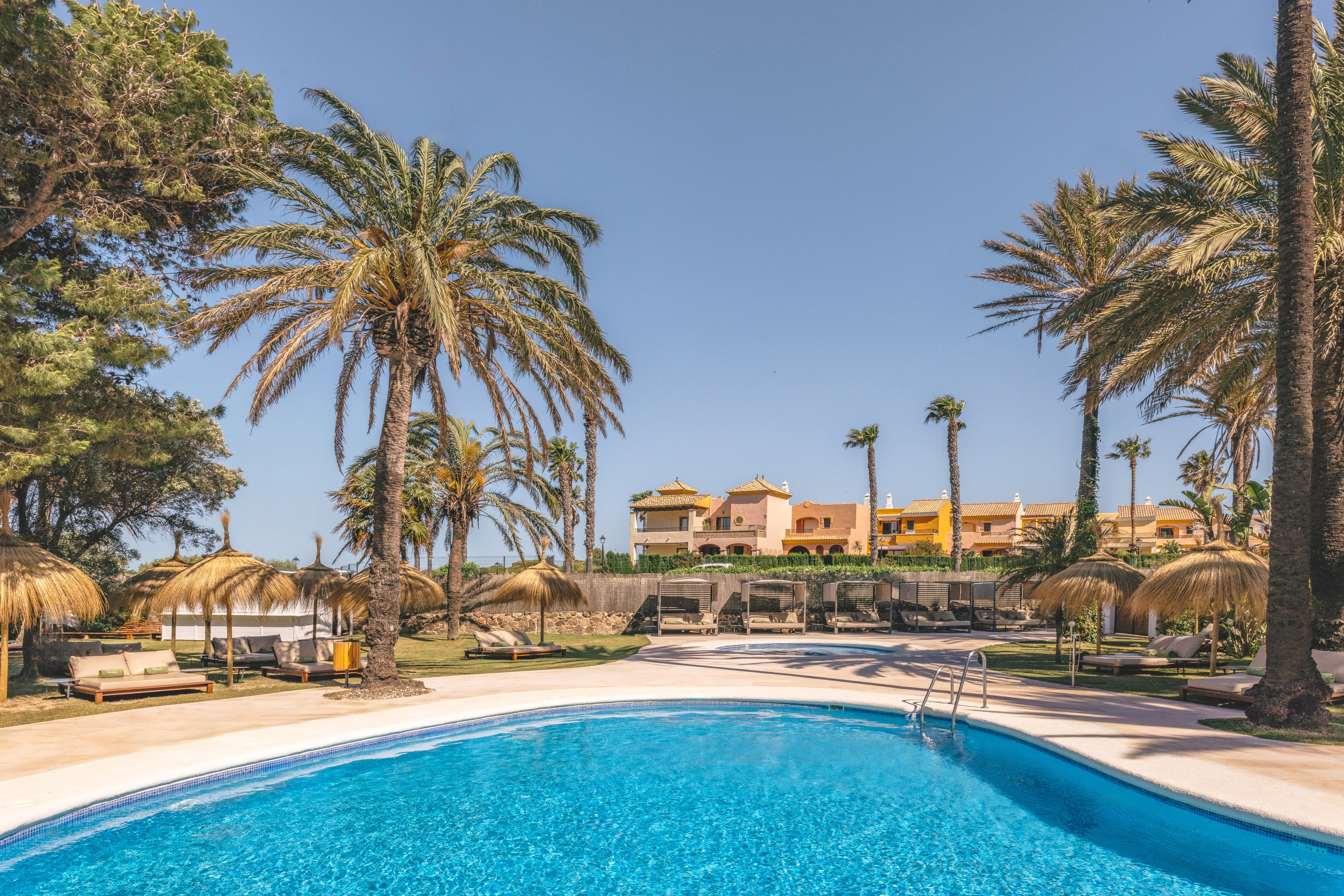 Resort pool with palm trees, straw umbrellas, sun loungers, and hotel.