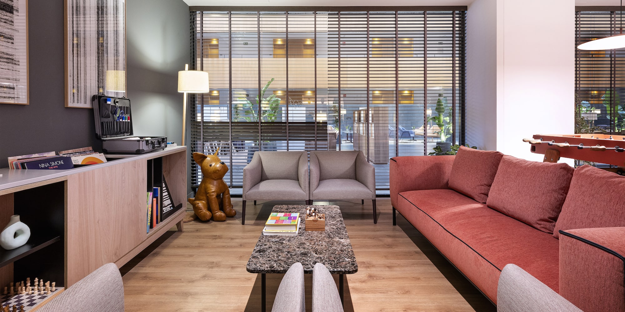 a room with a couch and a coffee table
