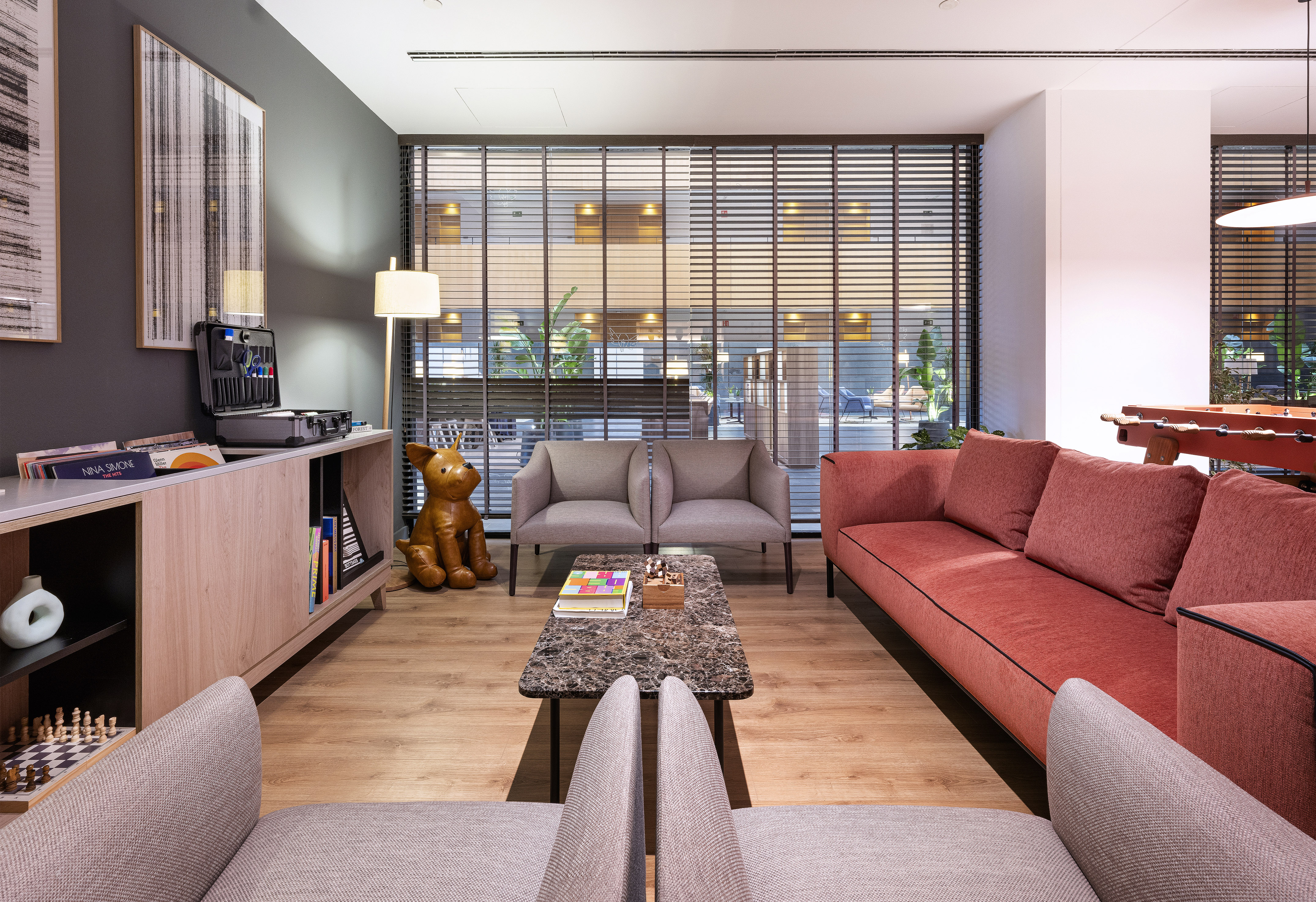 a room with a couch and a coffee table