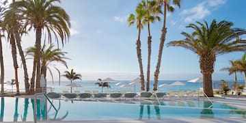 a pool with palm trees and umbrellas by the water