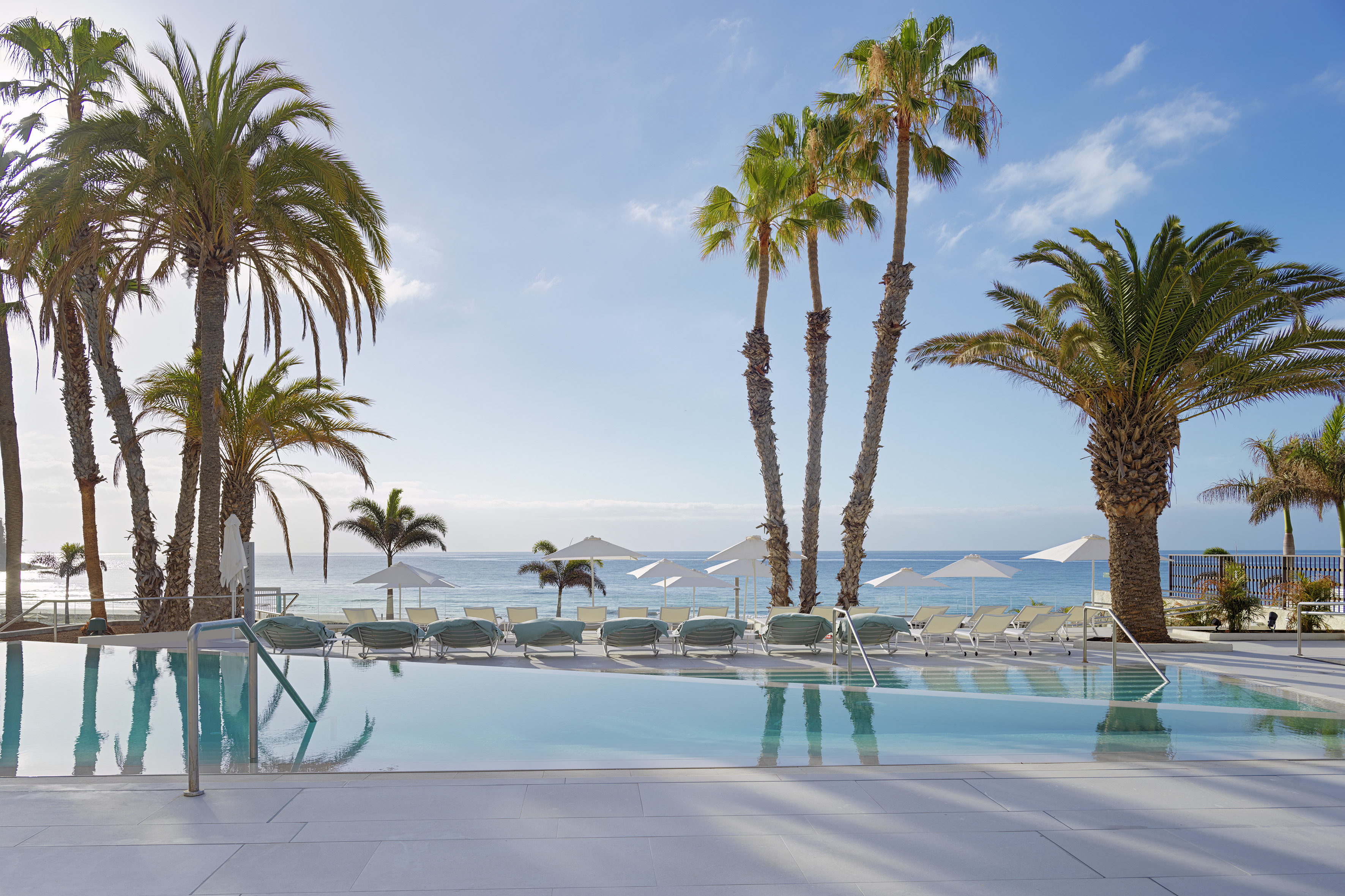 Resort infinity pool with palm trees, ocean, and beach loungers.