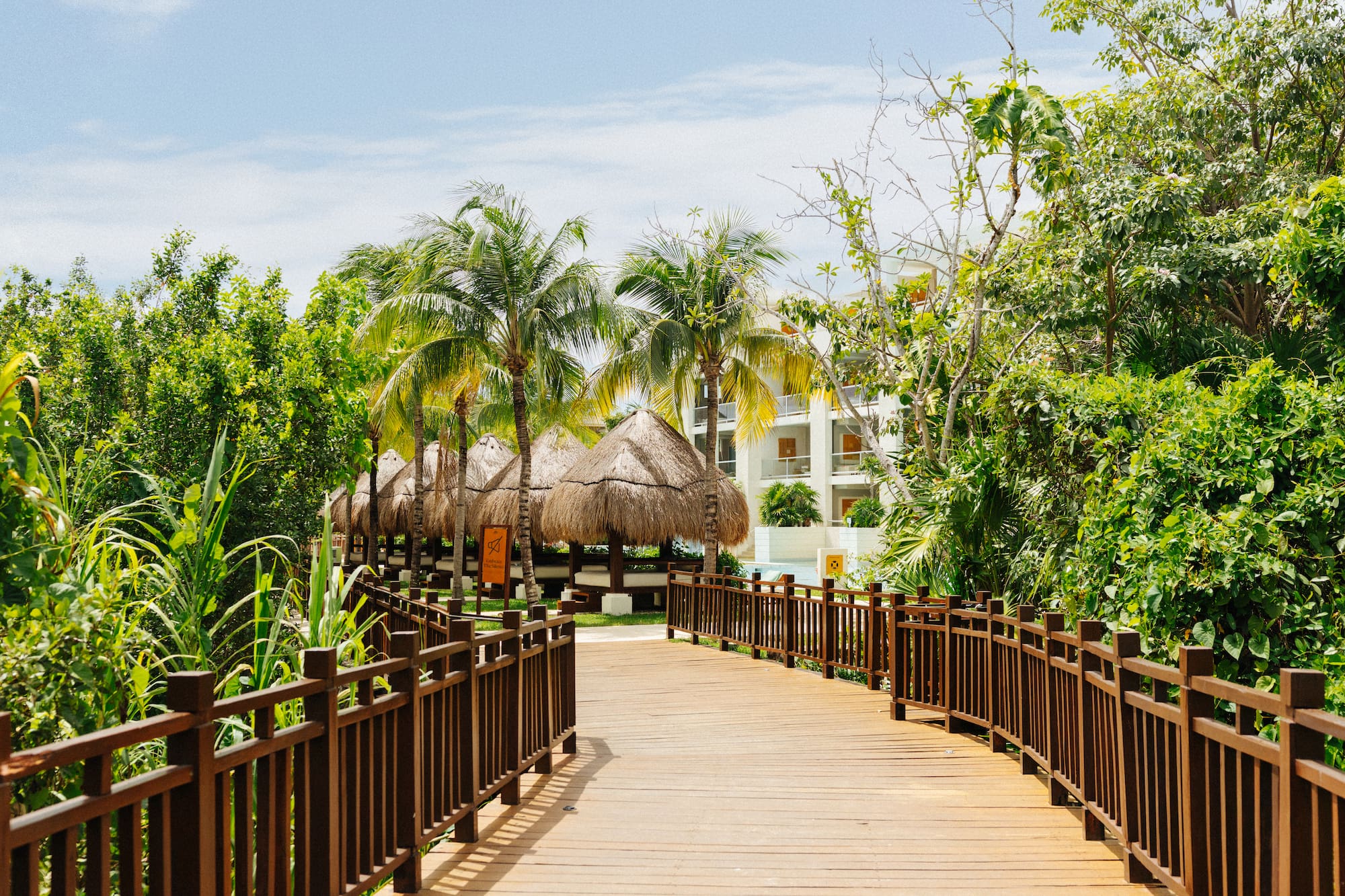 Wooden walkway through lush tropical resort with palm trees and thatched huts.