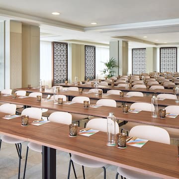 a room with tables and chairs