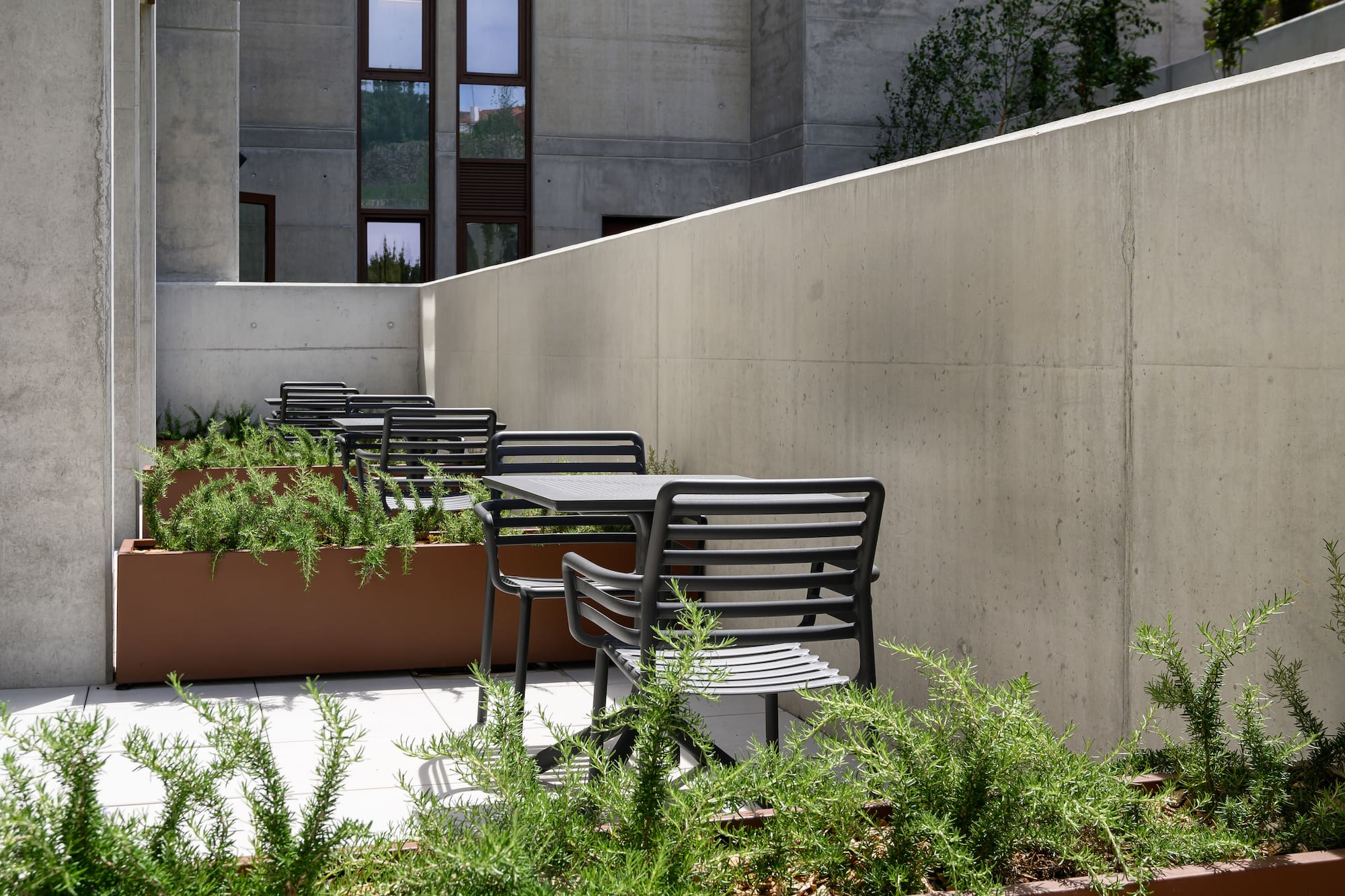 a patio with chairs and plants