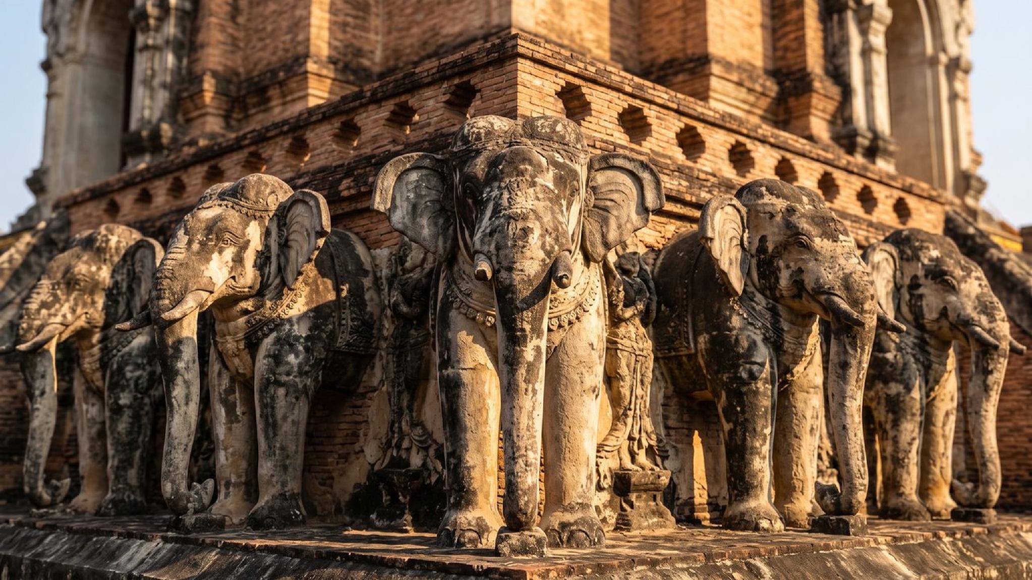 Stone elephant statues along a historic Thai temple wall.