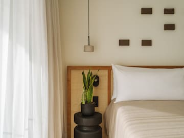 a plant in a pot next to a bed