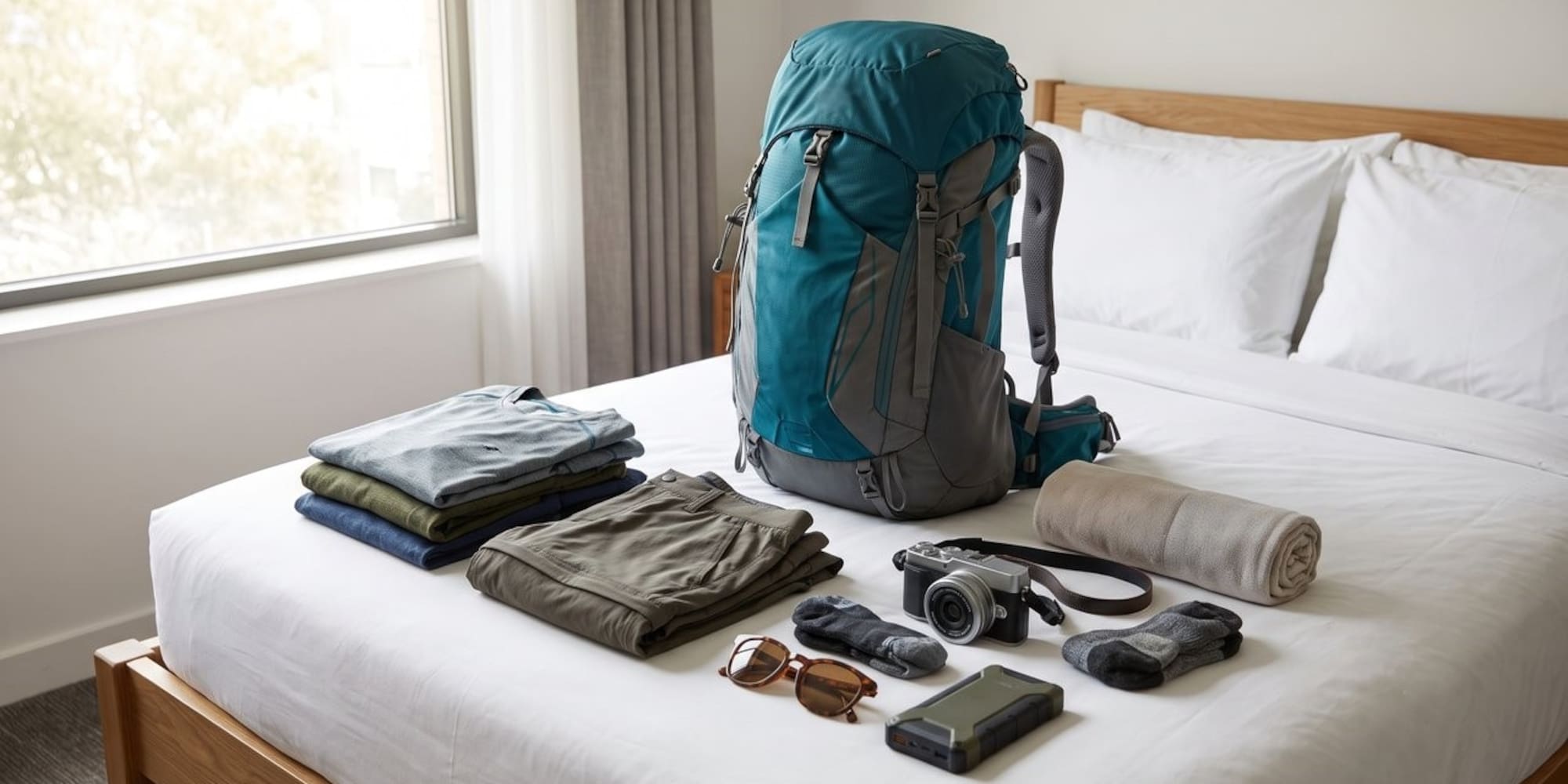 Teal backpack, folded travel clothes, camera, and essentials laid out on a bed.