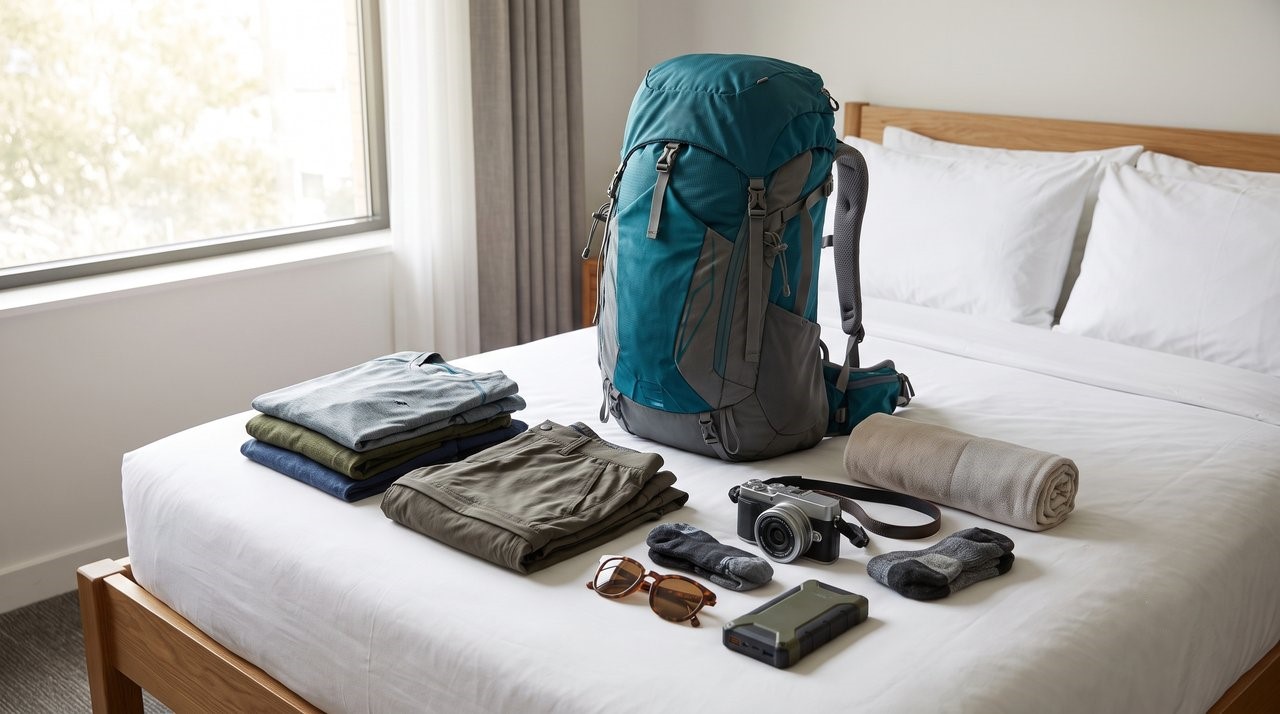 Teal backpack, folded travel clothes, camera, and essentials laid out on a bed.