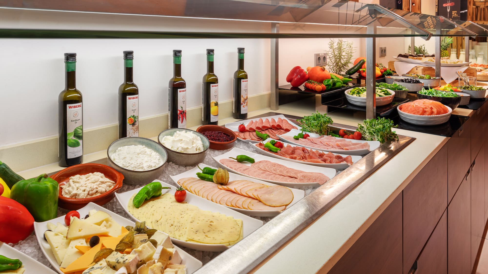 a buffet with food on it