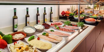 a buffet with food on it