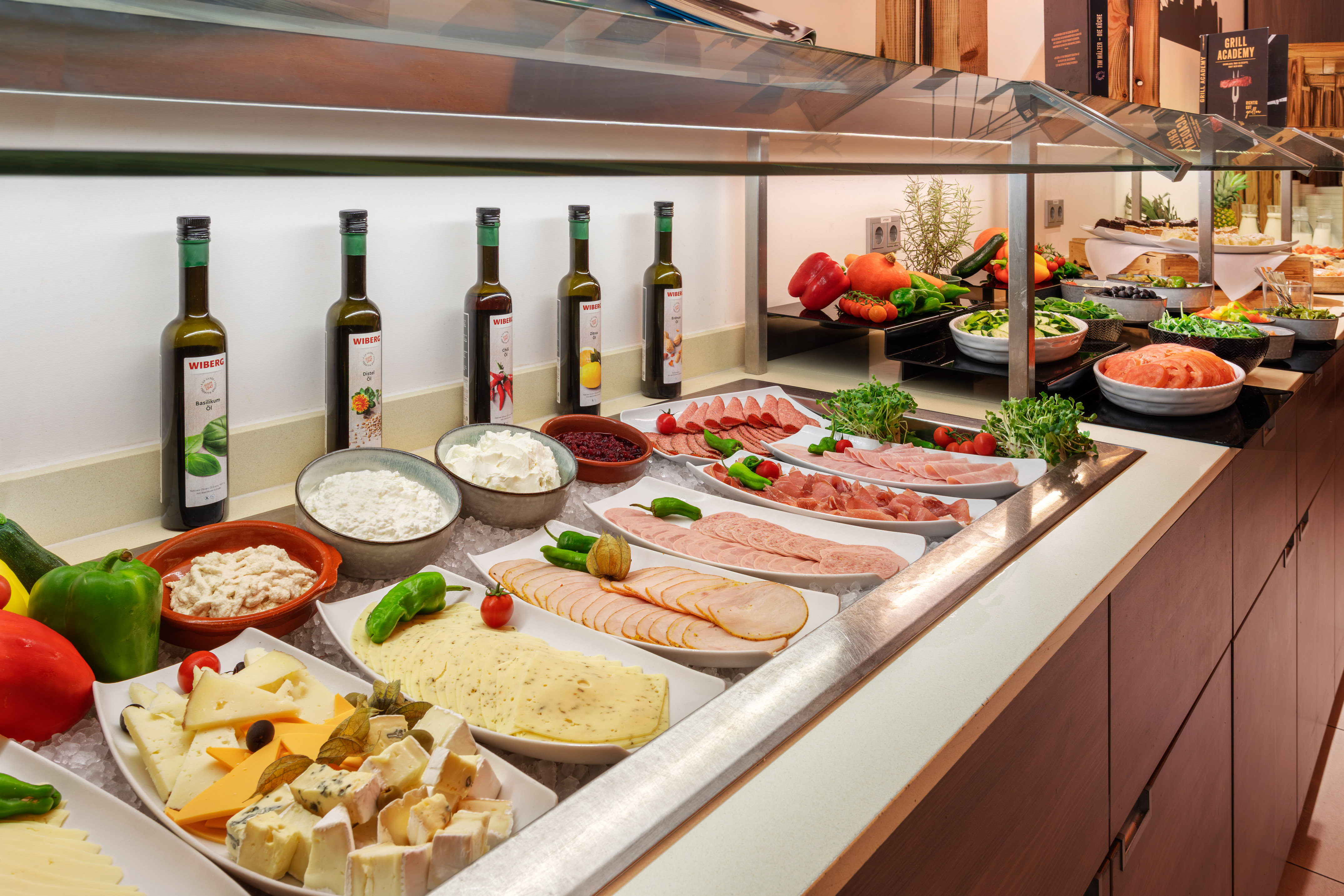 a buffet with food on it