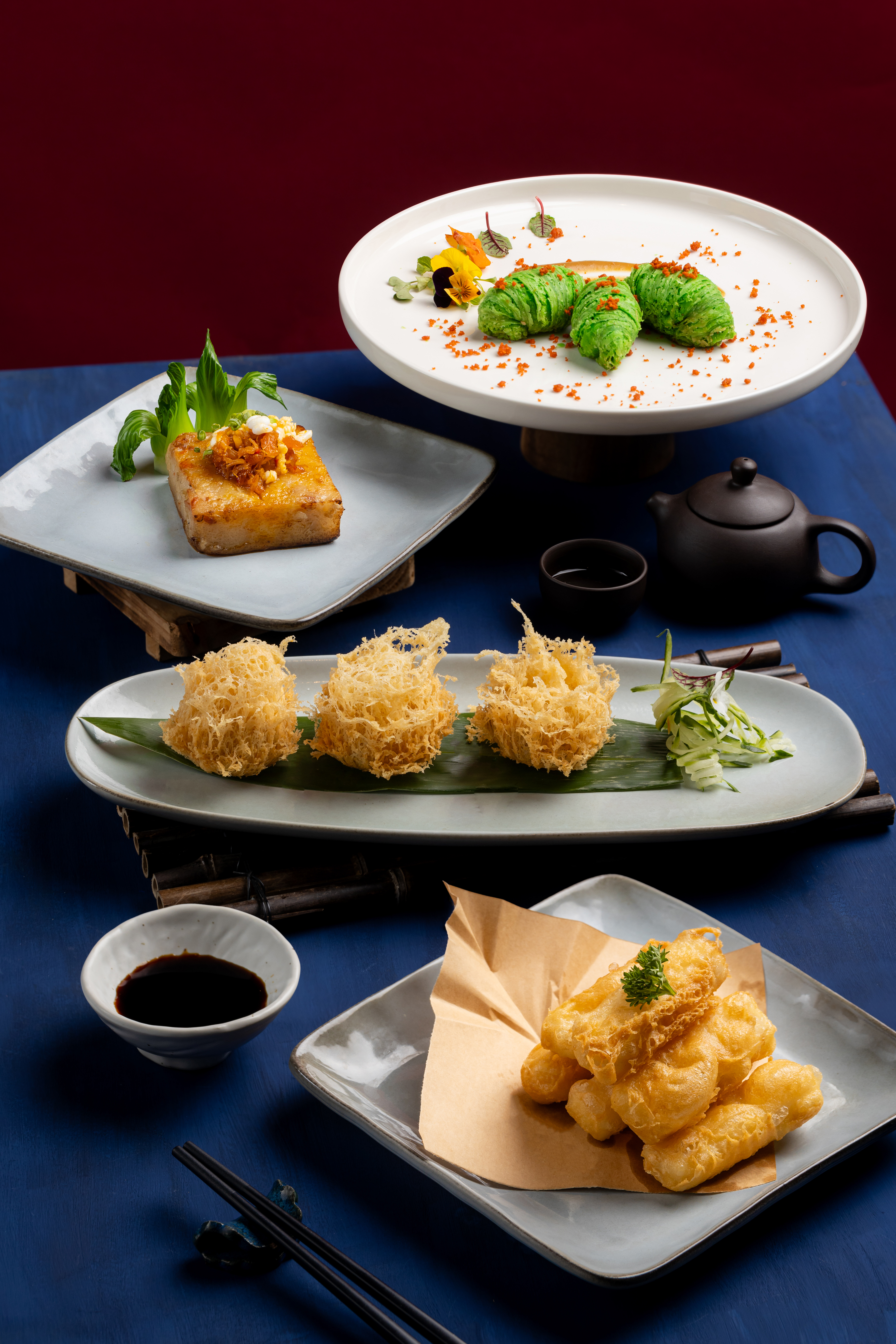 a table with plates of food