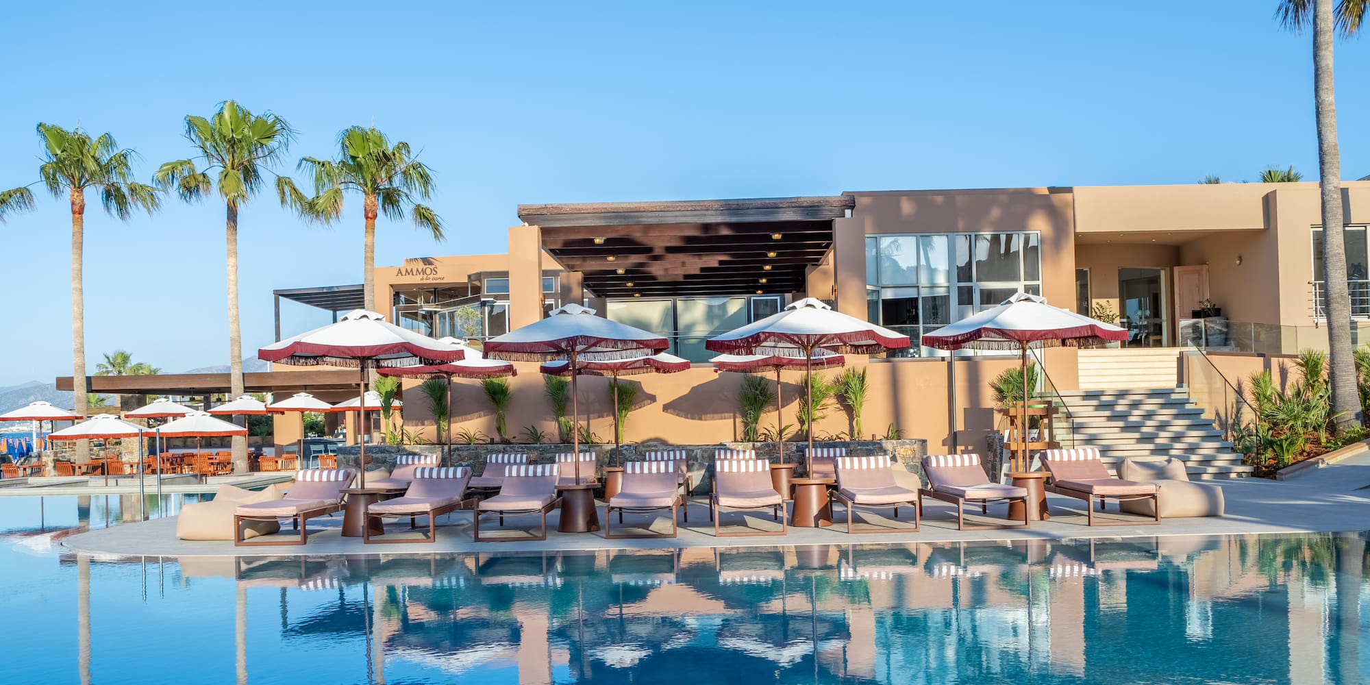 Ammos hotel resort pool with sun loungers, palm trees, and umbrellas.