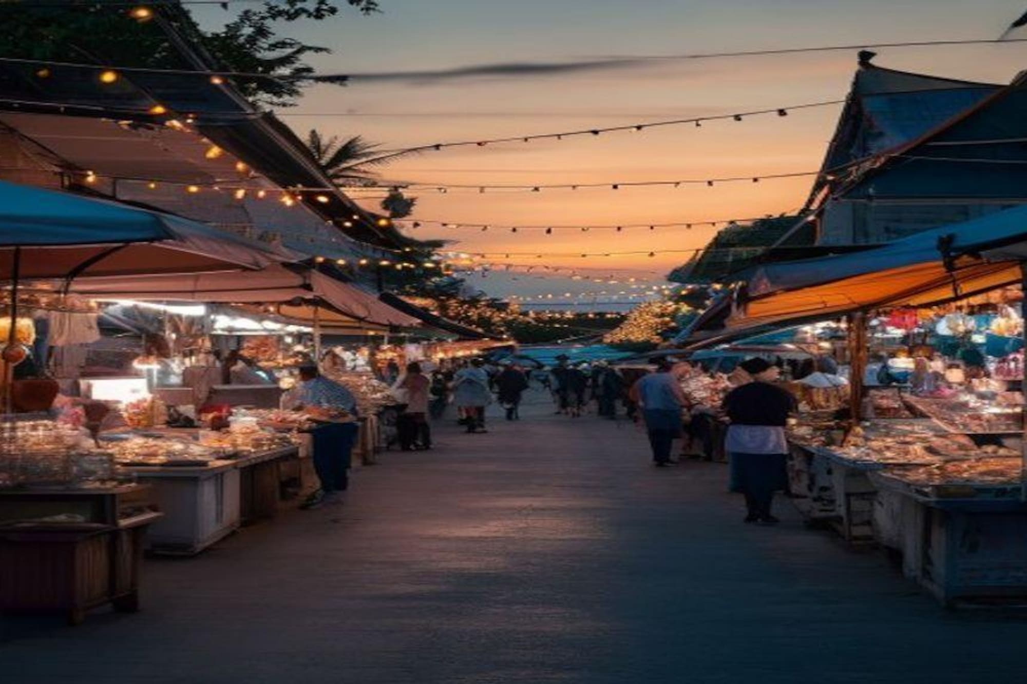 Night market at sunset with string lights and vendors.
