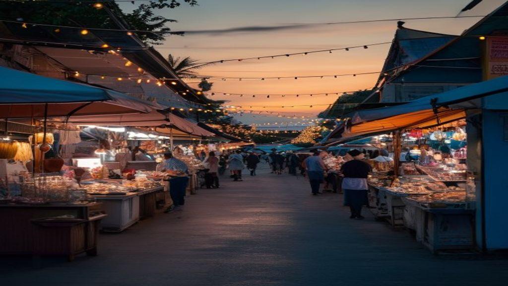 Night market at sunset with string lights and vendors.