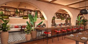 a room with tables and chairs