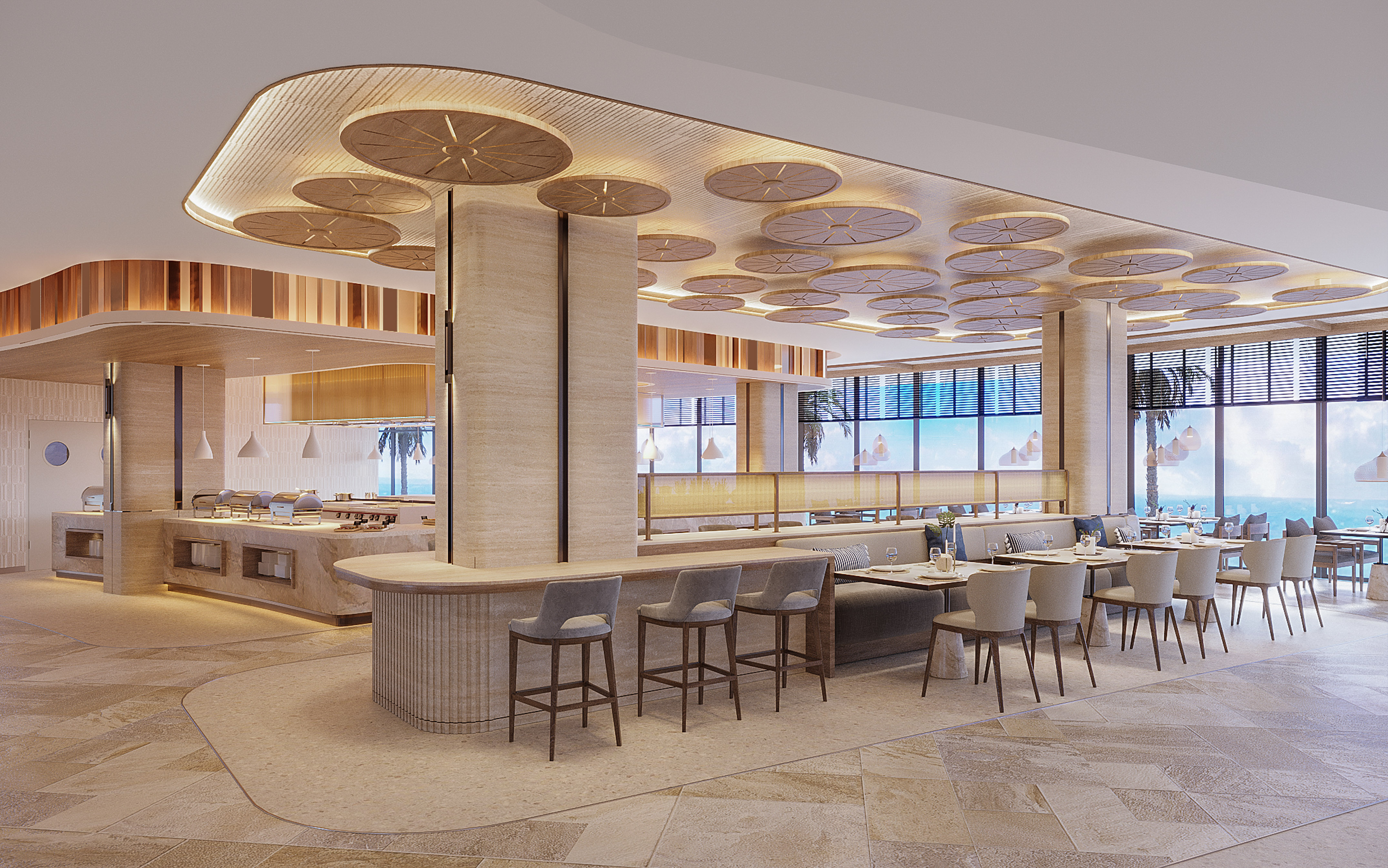 Elegant resort restaurant with buffet, bar, and panoramic ocean views.