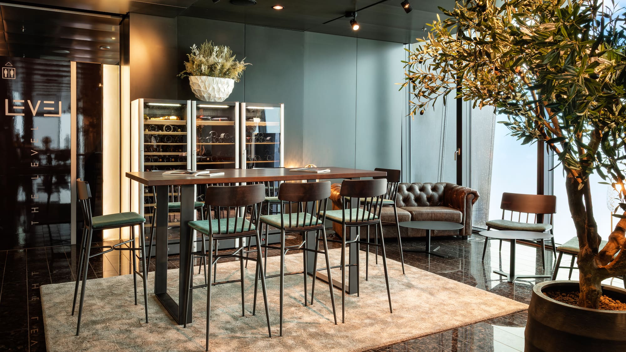 a room with a table and chairs