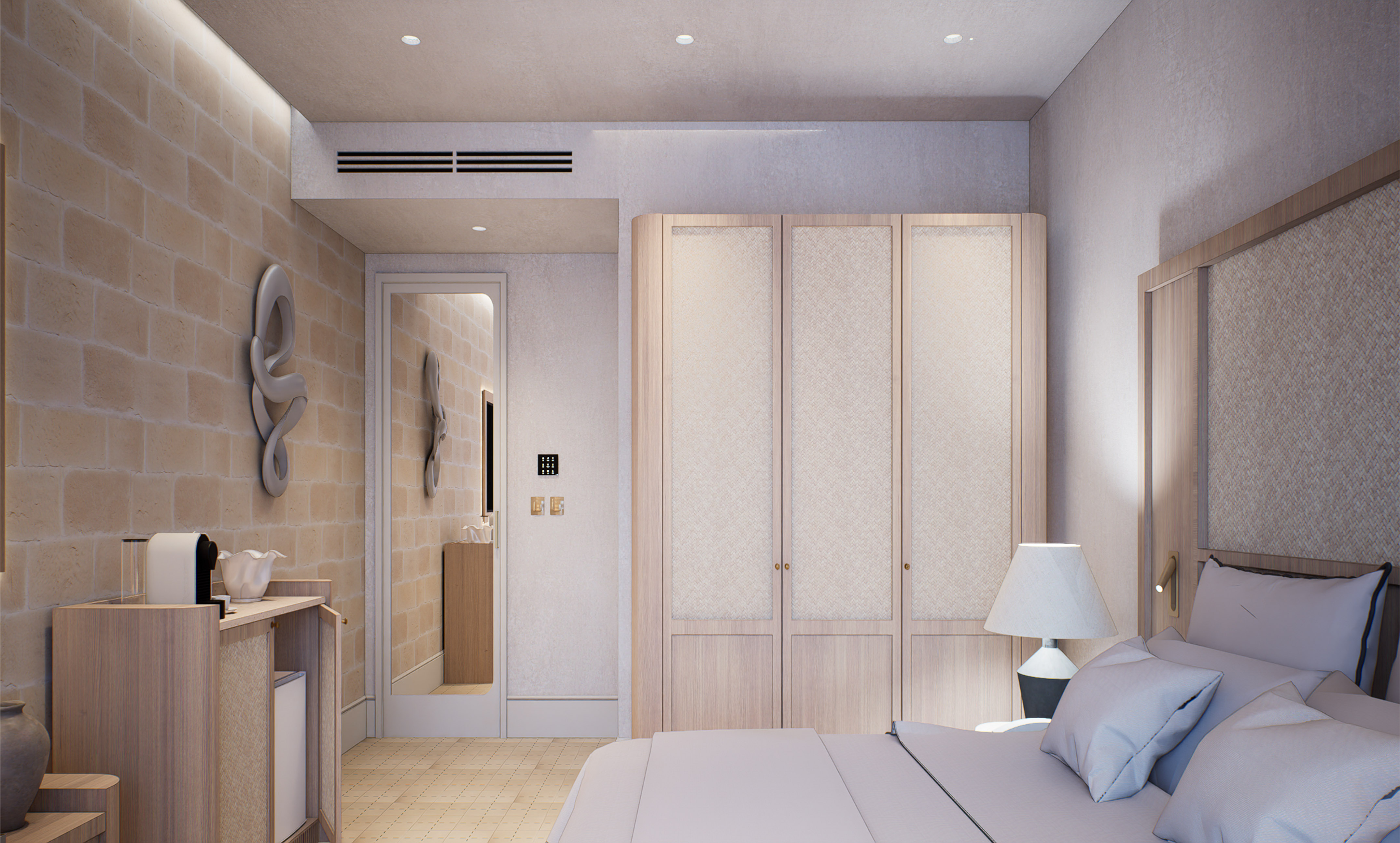 a bedroom with a bed and a closet