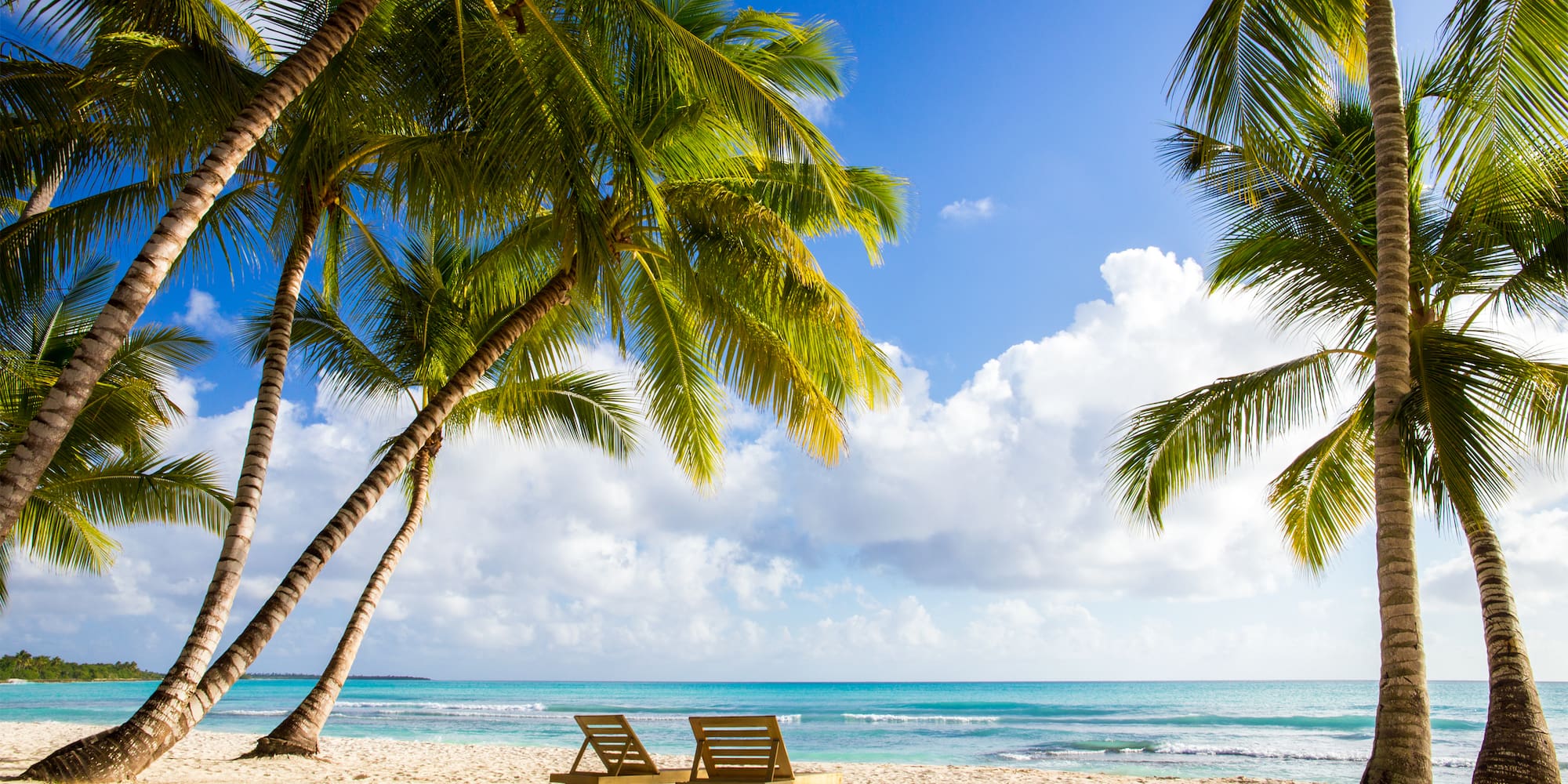 Playa tropical con palmeras, mar turquesa y dos tumbonas en la arena.