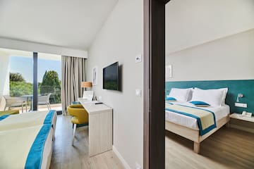 a room with a bed and a television