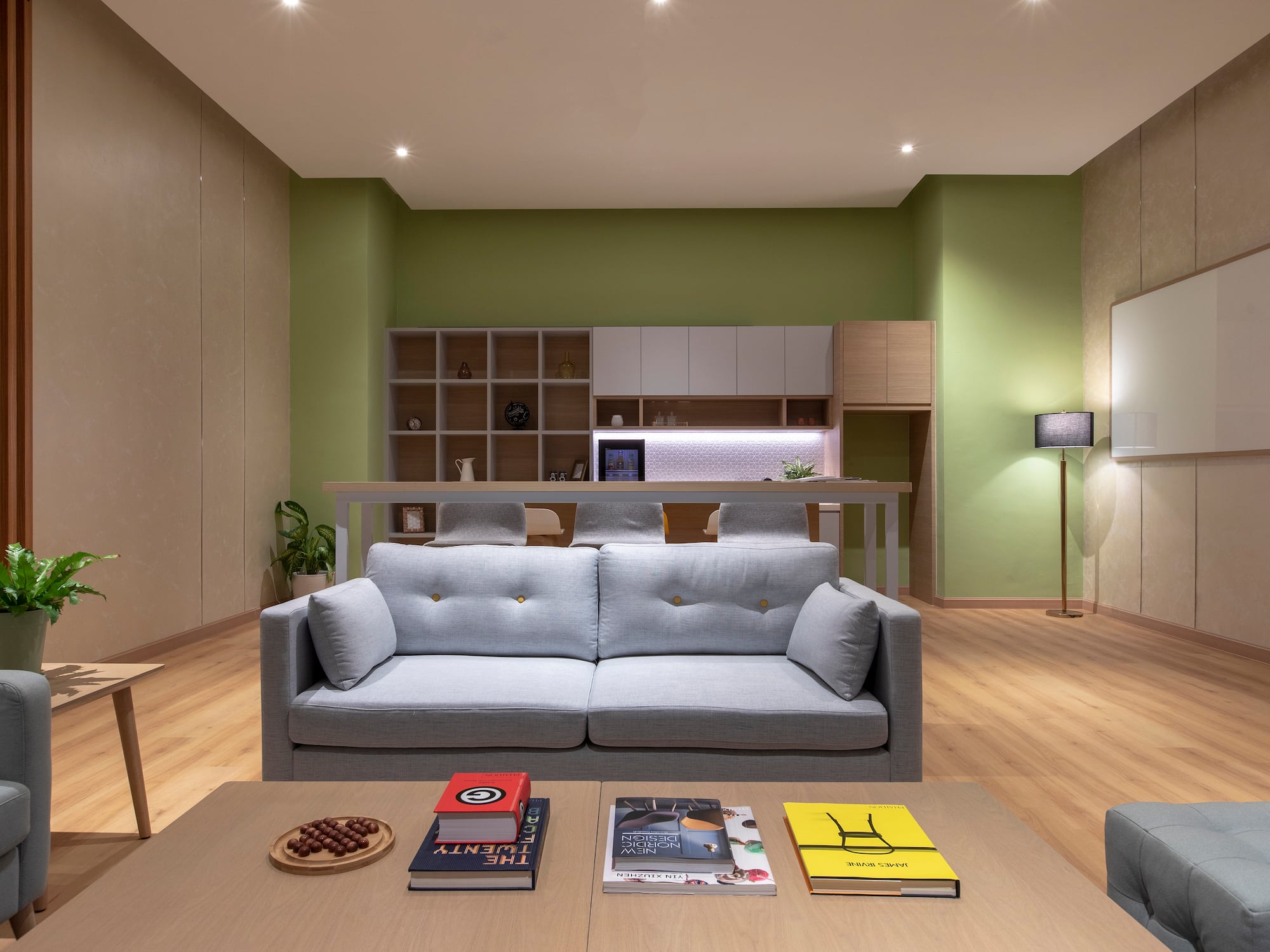 a living room with a couch and a table