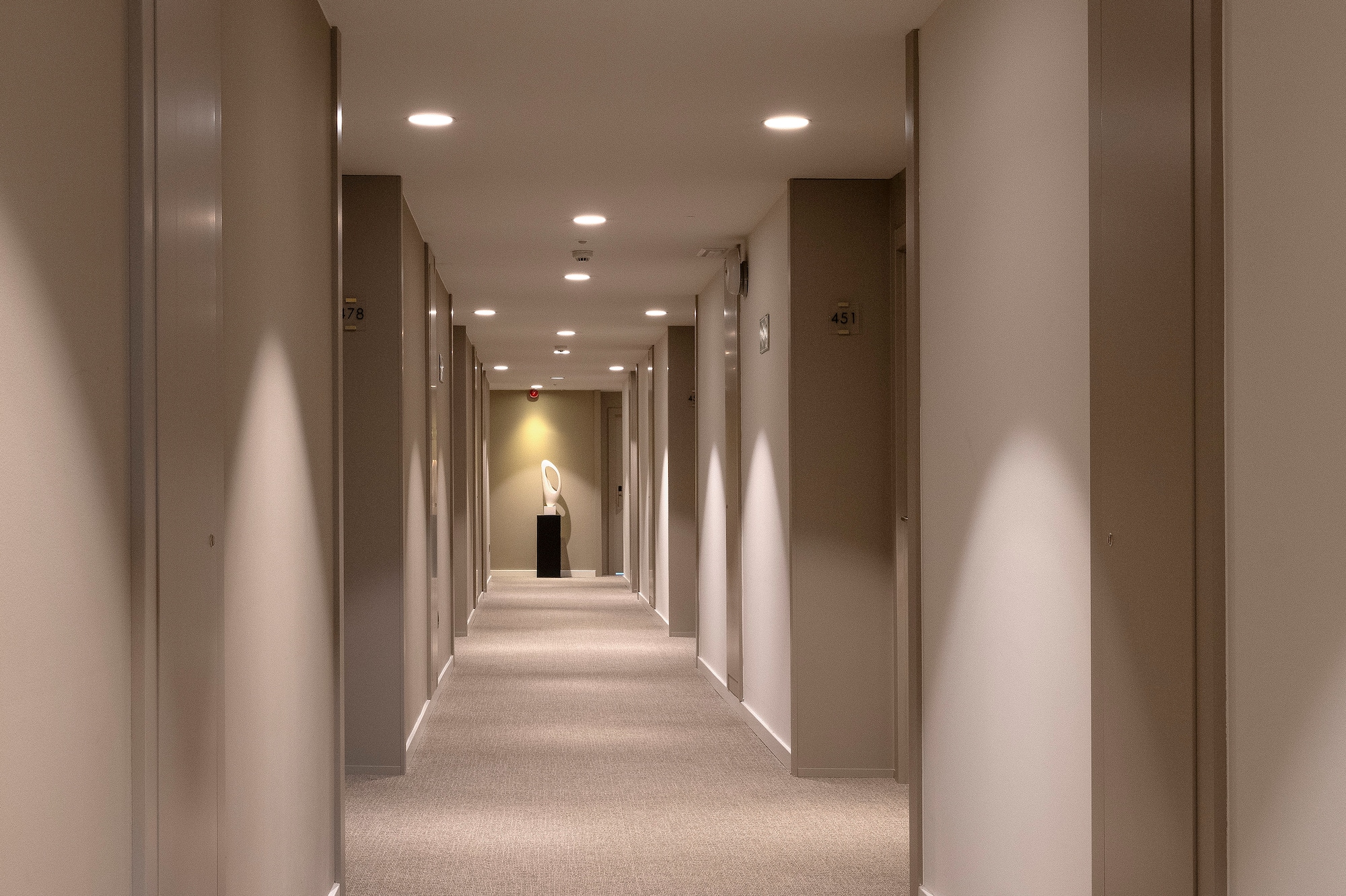 a hallway with a statue on the side