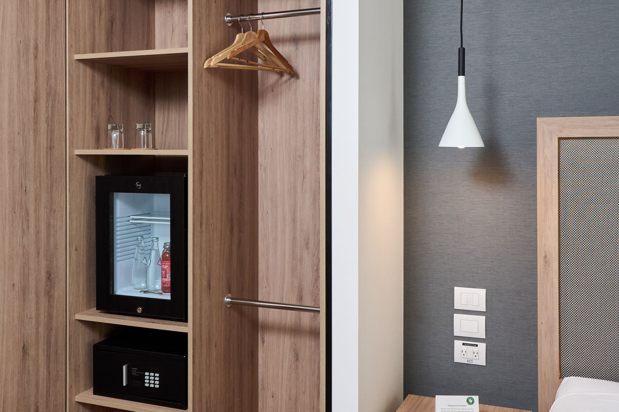 a room with a closet and a bed