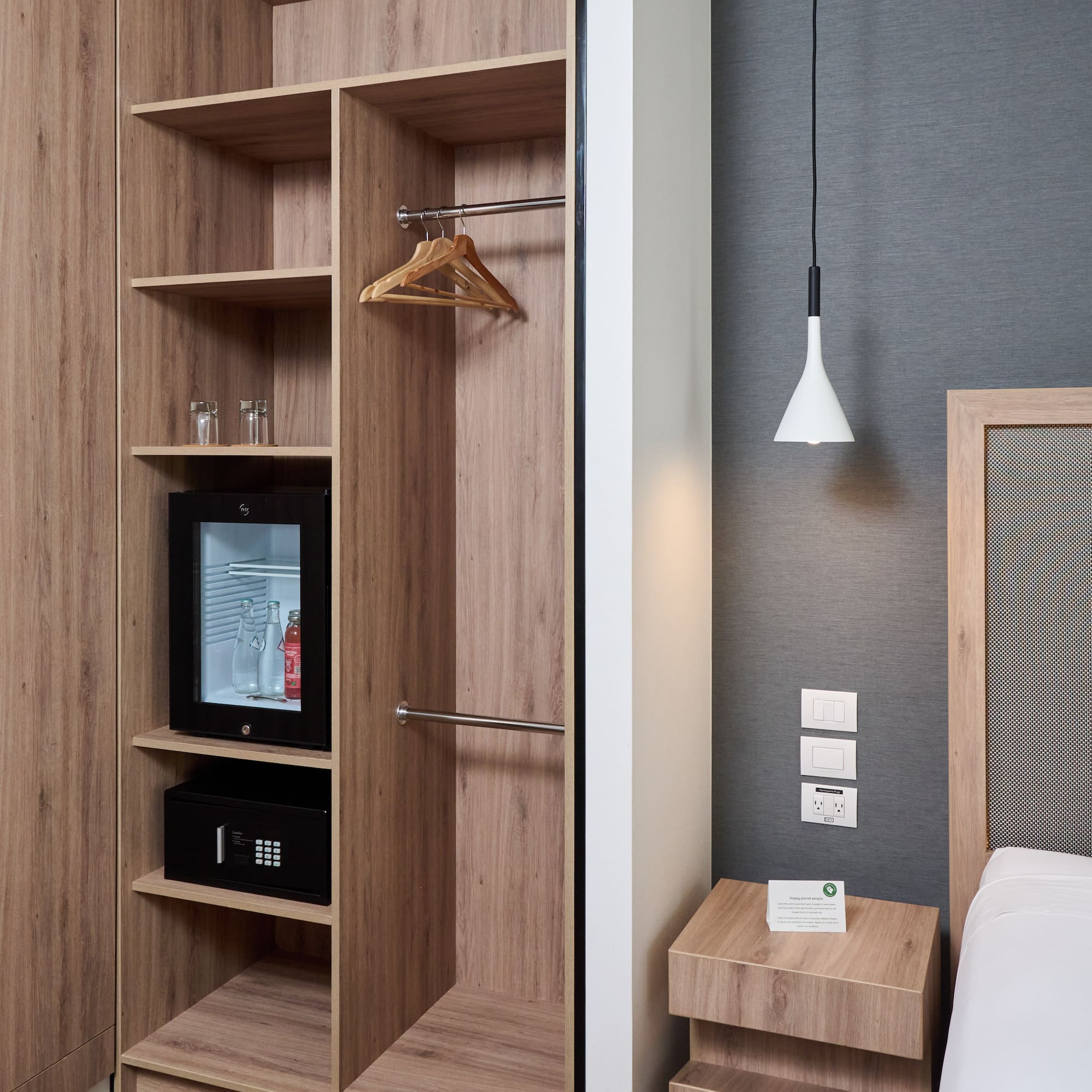 a room with a closet and a bed