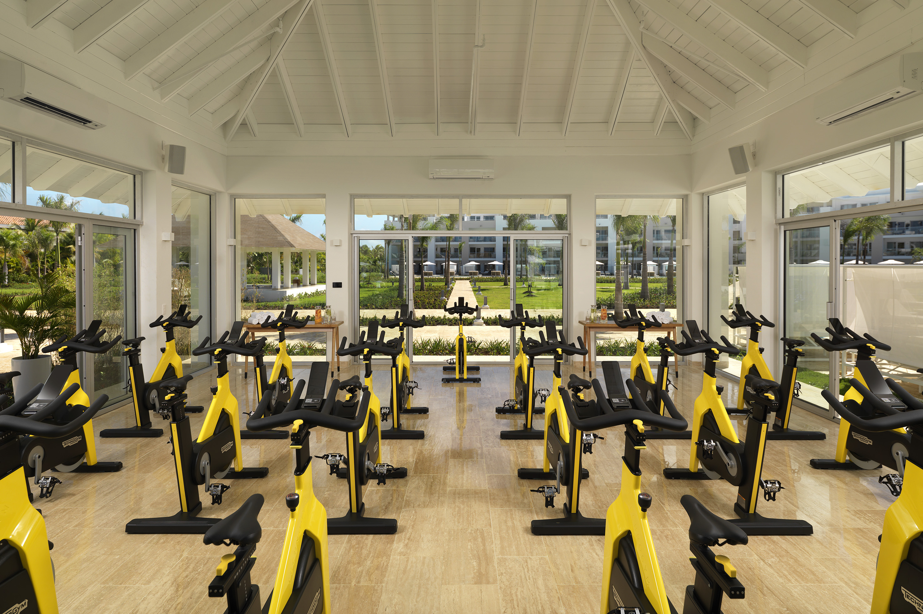 a room with exercise bikes