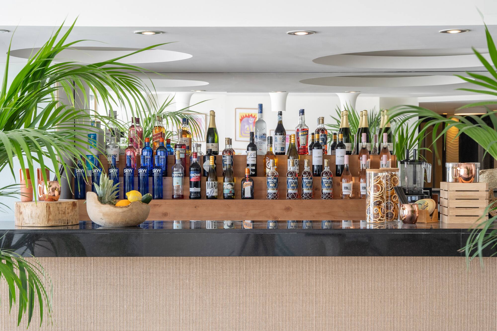 Modern bar with diverse liquor bottles, fresh fruit, and tropical plants.