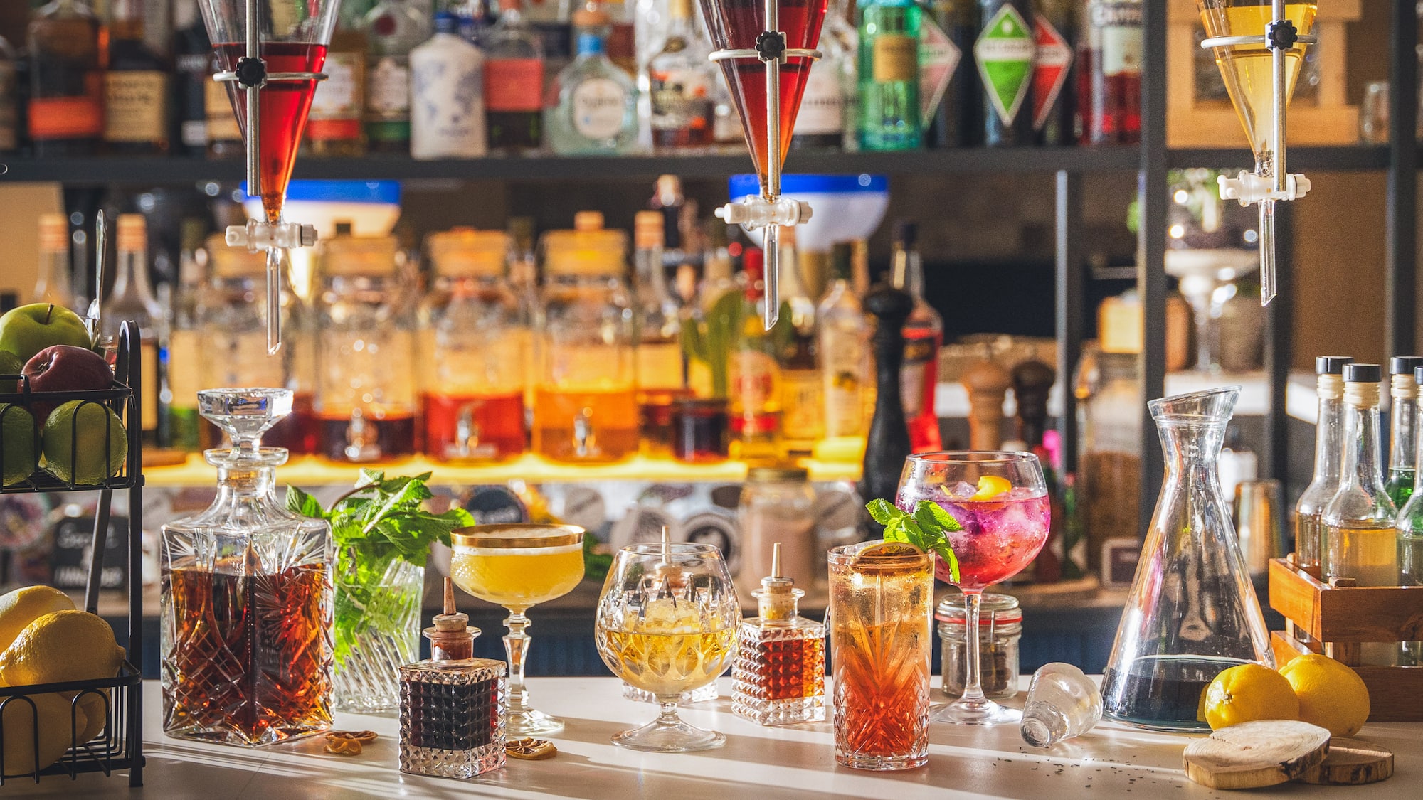 a group of glasses on a table