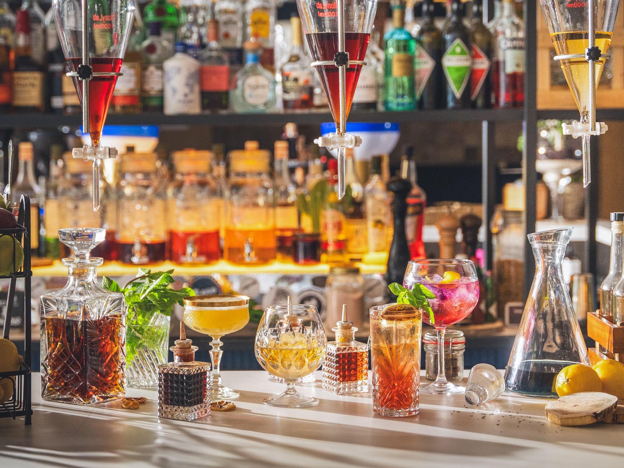 a group of glasses on a table
