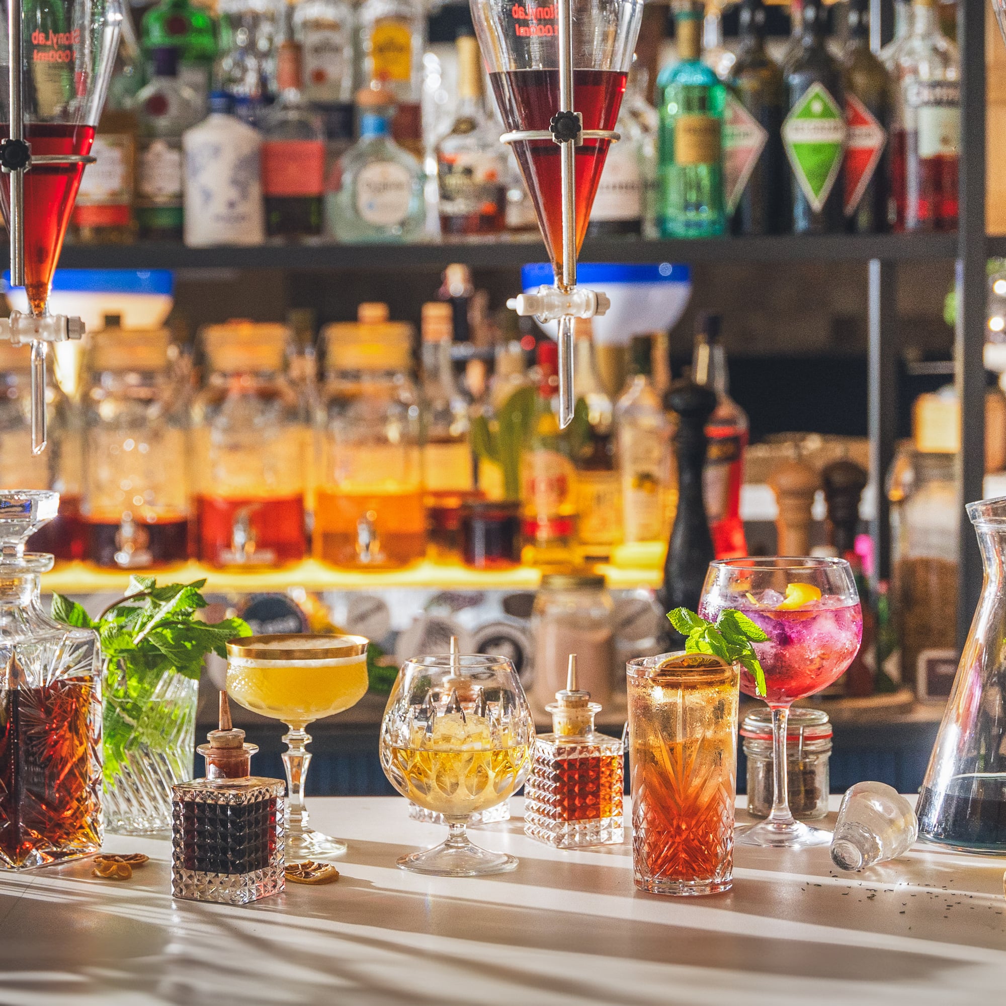 a group of glasses on a table