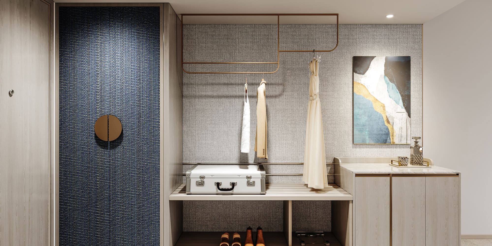 a room with a white suitcase and shoes on a shelf