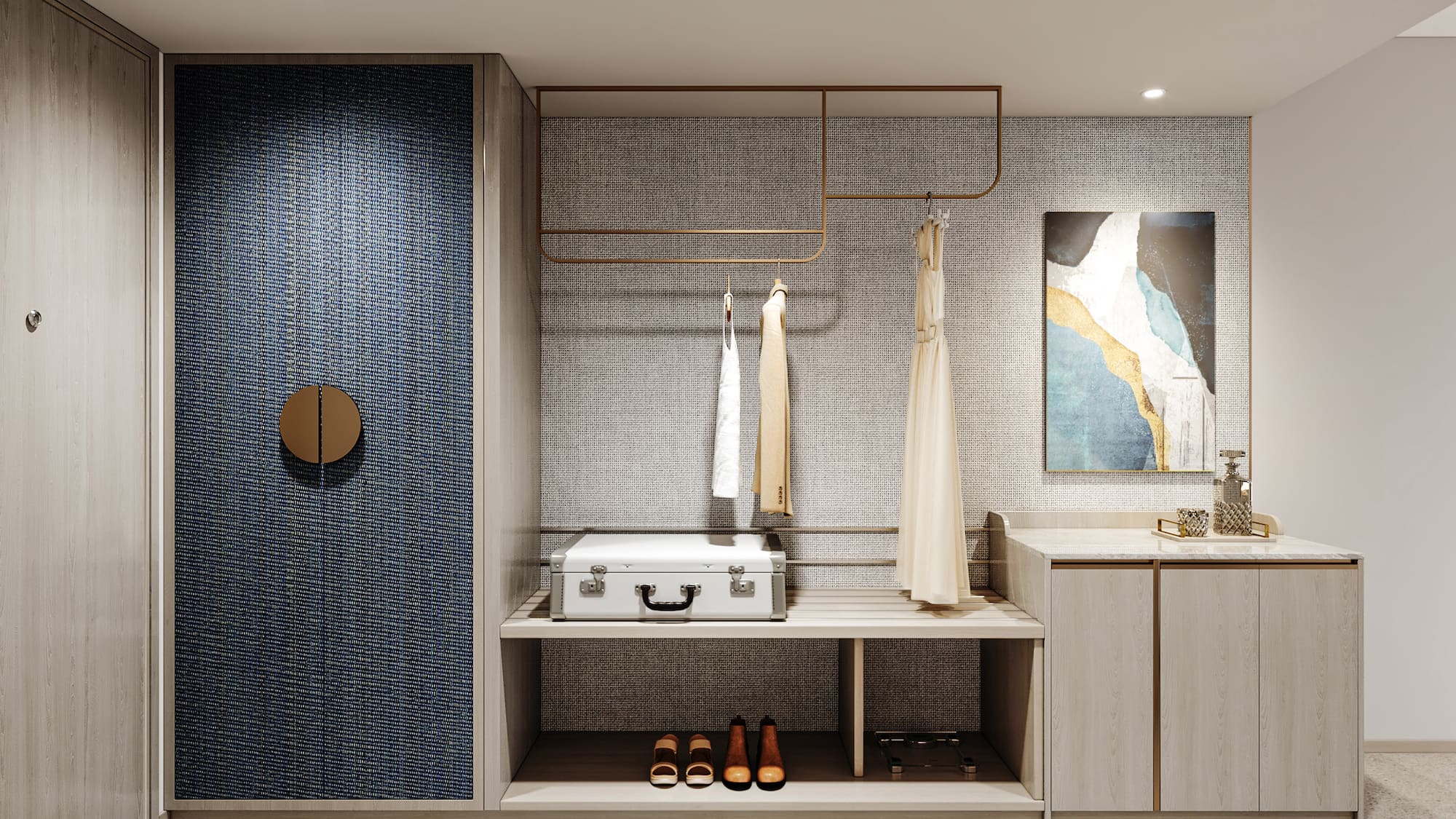 a room with a white suitcase and shoes on a shelf