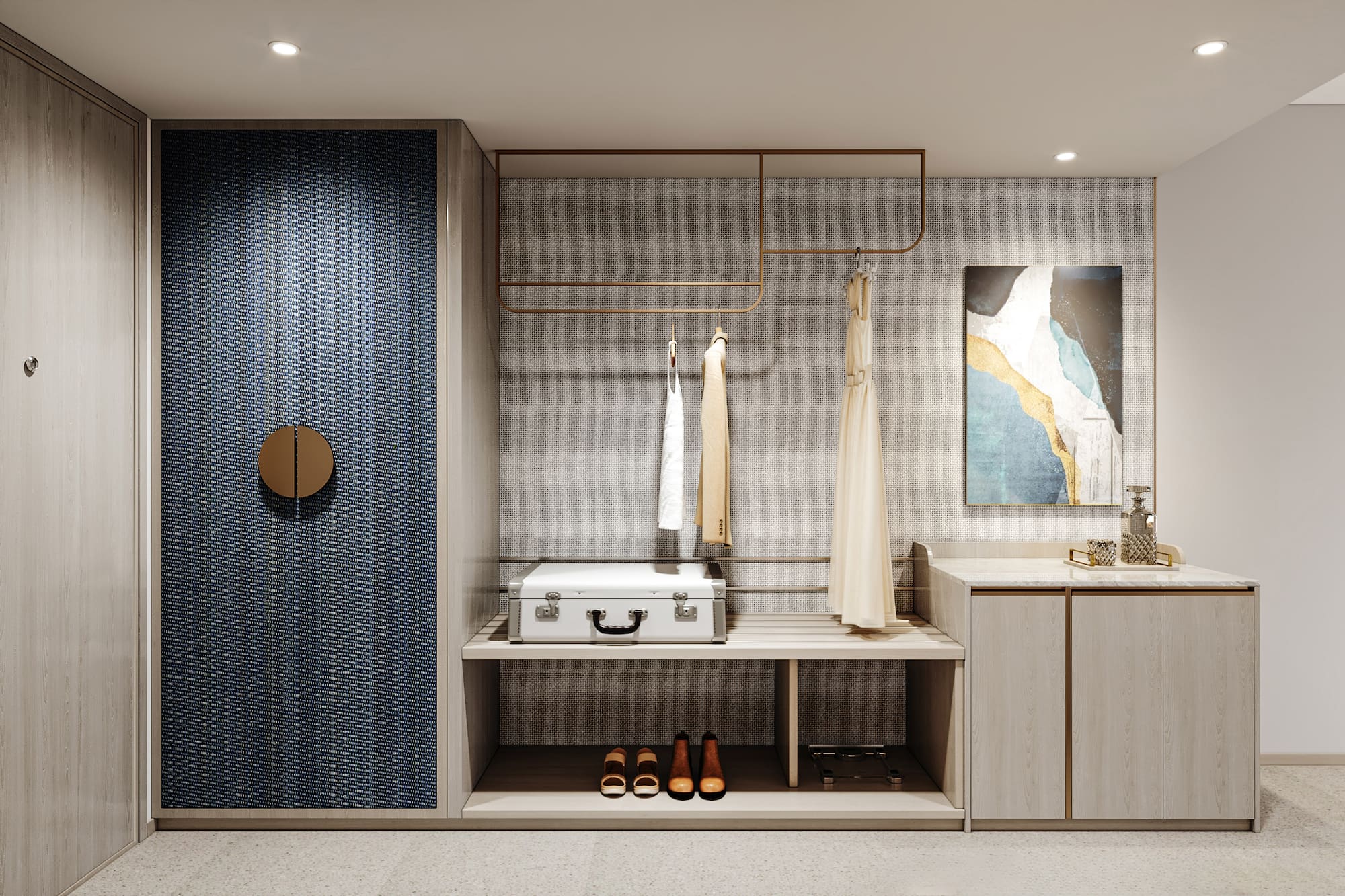 a room with a white suitcase and shoes on a shelf